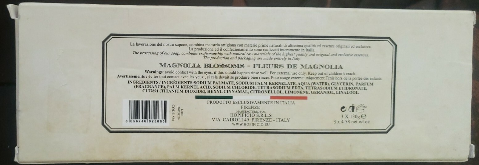 H2opificio Finest Triple Milled Soap in Magnolia Blossoms Scent 3 x 4.58oz Bars