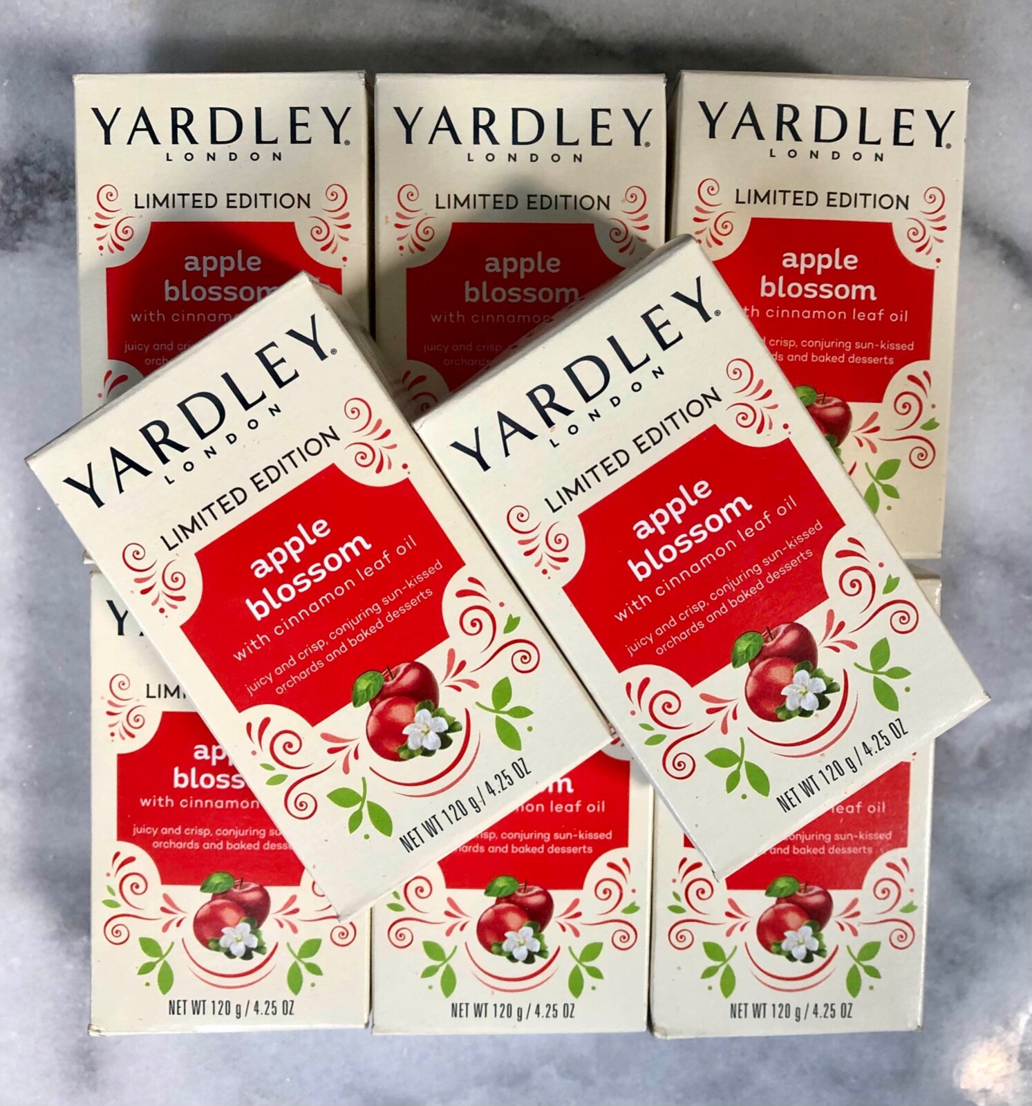 Yardley London APPLE BLOSSOM Soaps, Lot of 8, 4.25 oz each, Cinnamon Leaf Oil