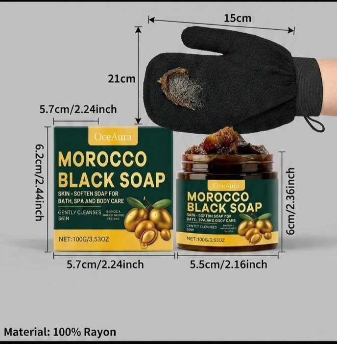 Moroccan Black Soap Set with Exfoliating Kessa Glove – Natural Skin Softening