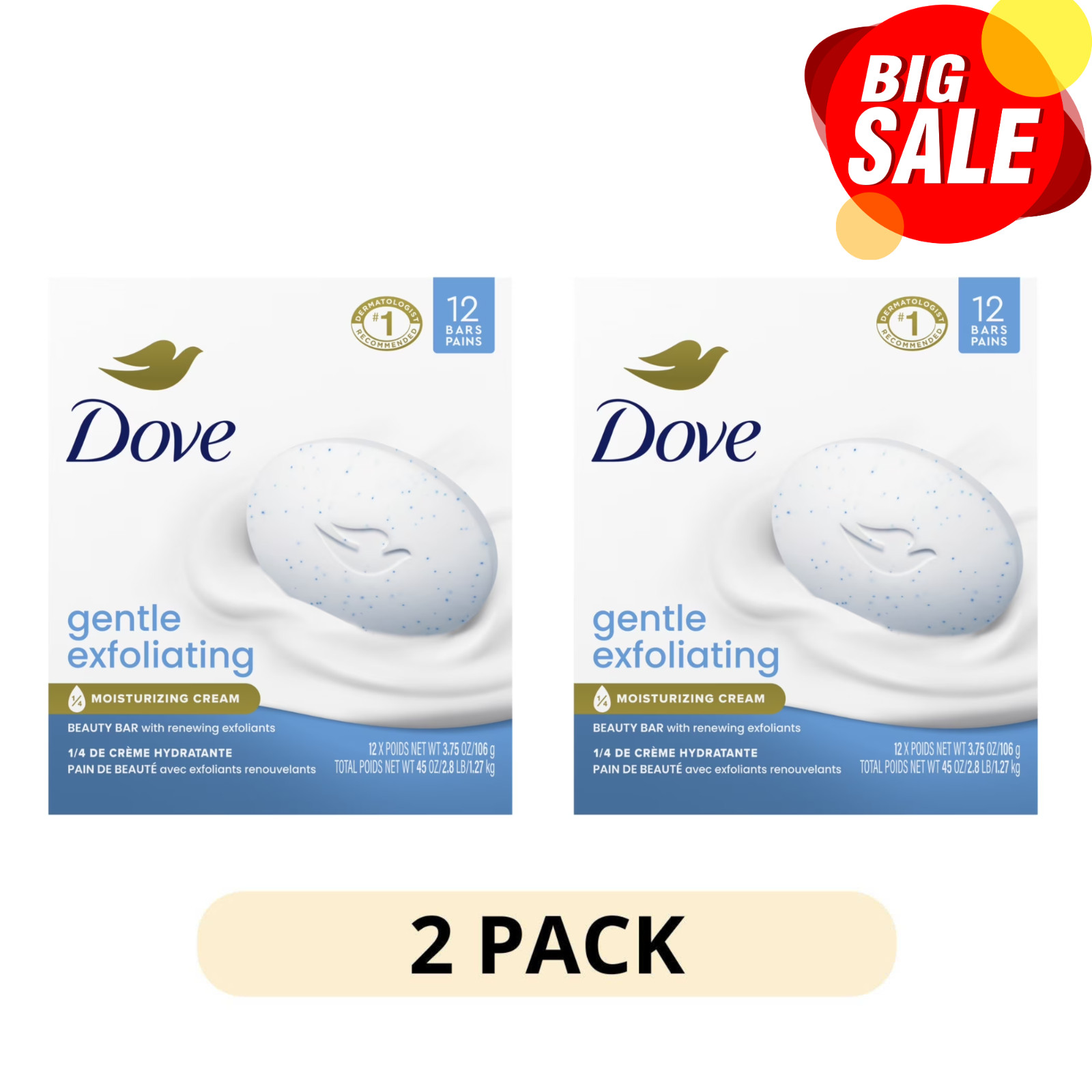 2 Pack Dove Beauty Bar Gentle Exfoliating 3.75 oz 12 Bars Soft Smooth Skin Clean