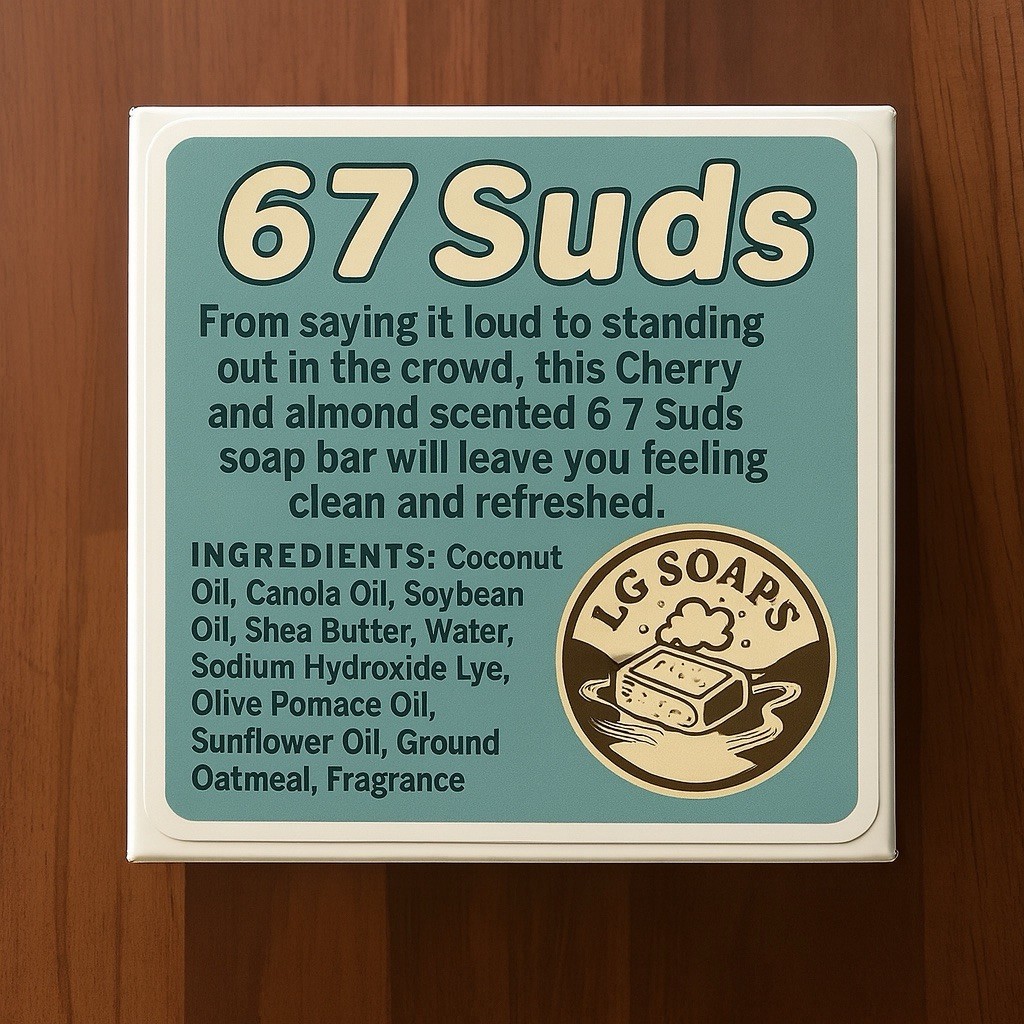 6 7 Suds Themed Handmade Soap Bar, Scent Cherry and Almond, Tween, Gen Z, Meme