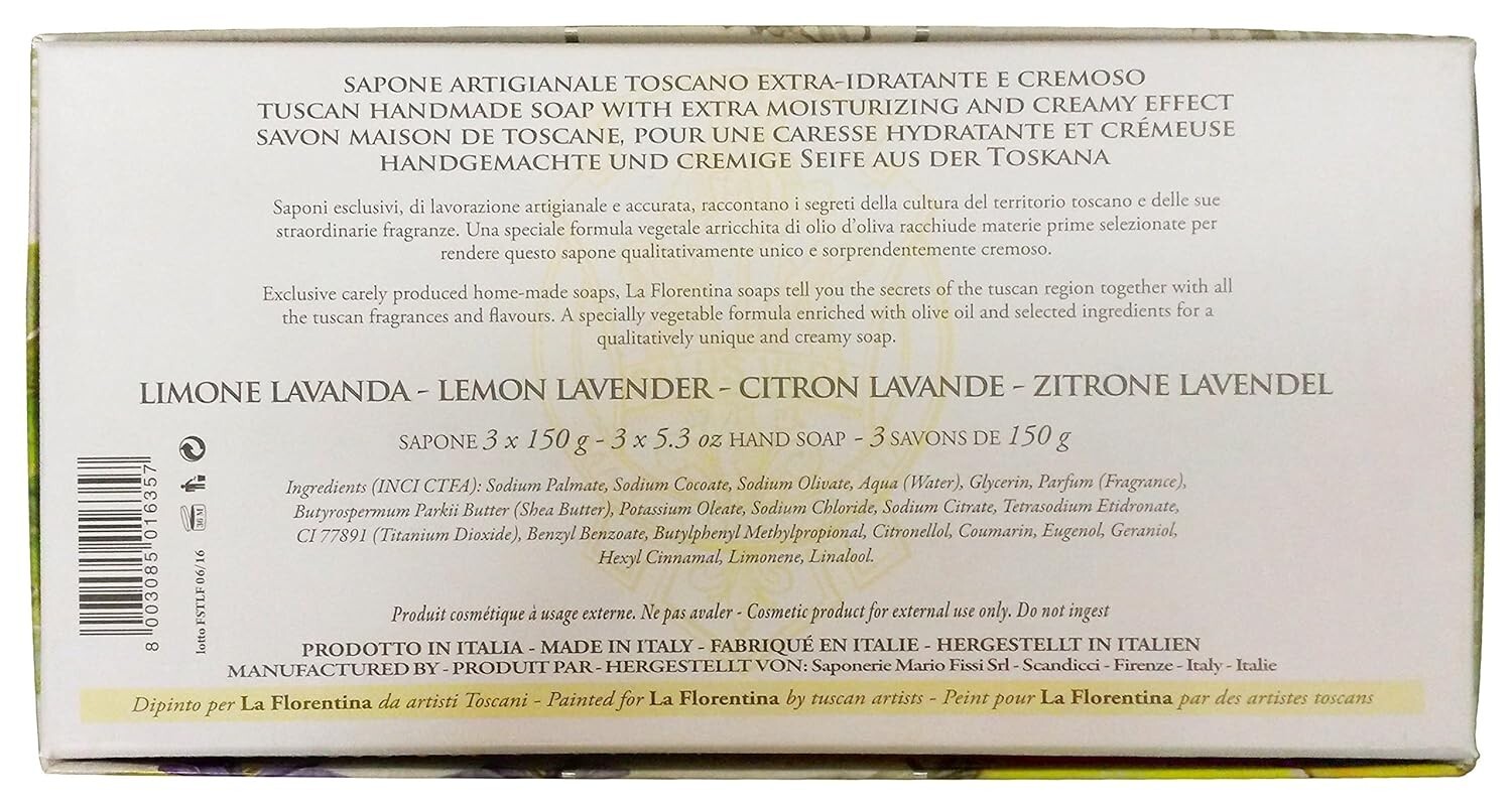 La Florentina LEMON LAVENDER Italian 3 Bar Soap Set 5.3 oz Each Embossed Luxury
