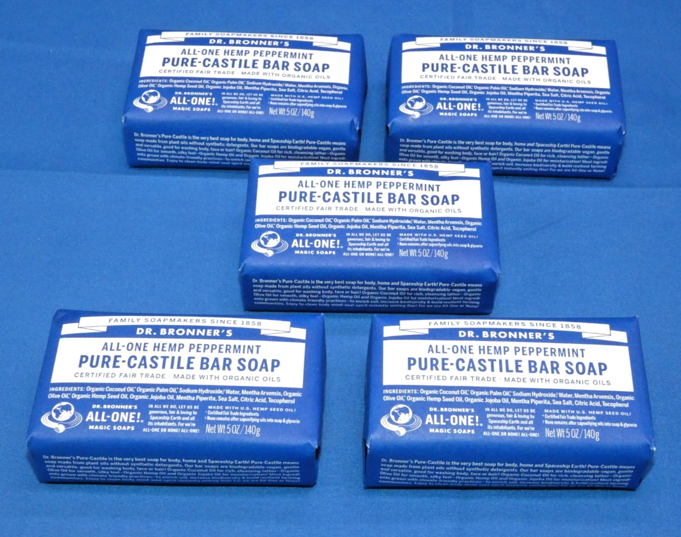 Dr Bronner’s All One Hemp Peppermint Pure Castile Soap Organic 5 oz – 5 BARS Lot