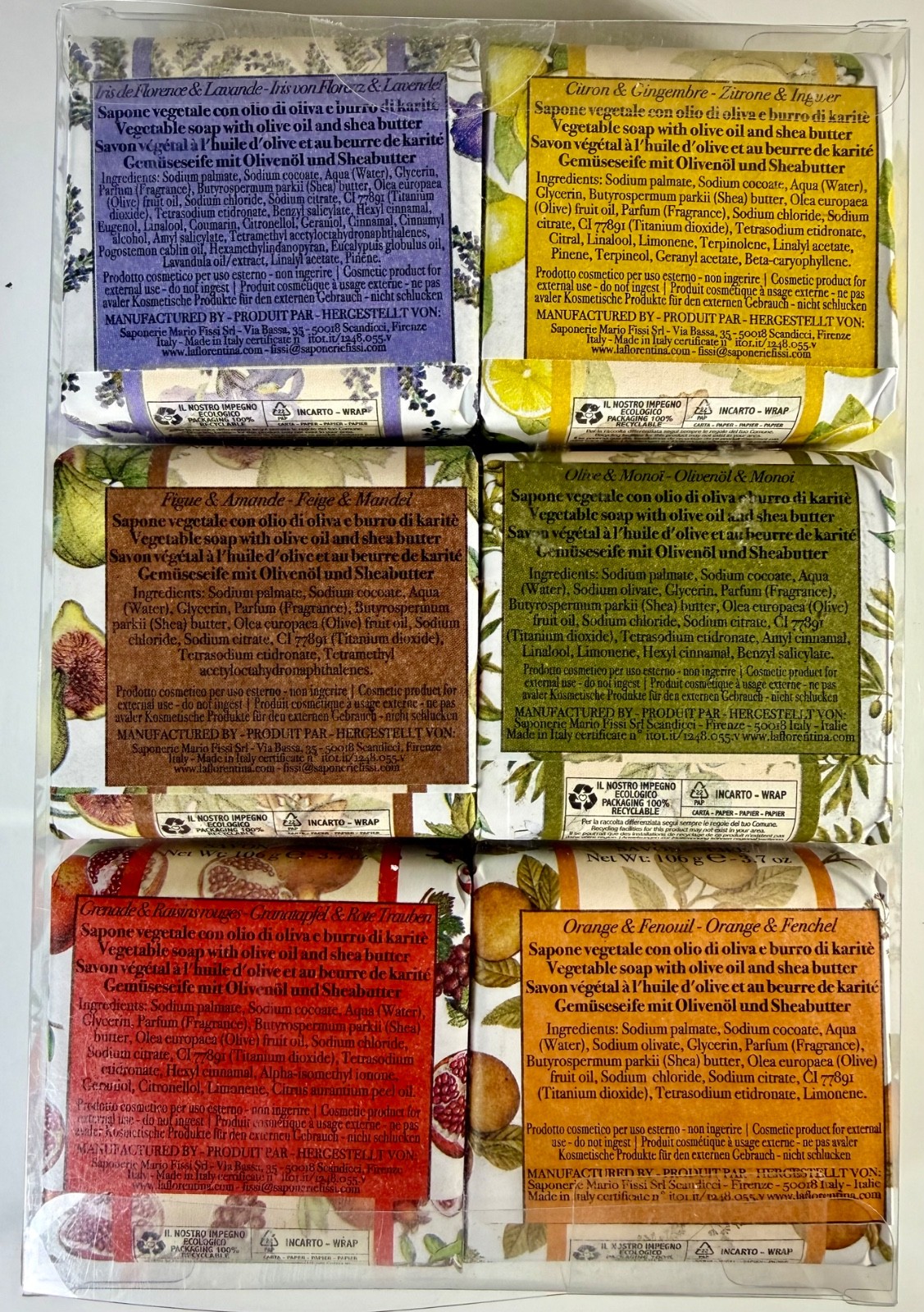 LA FLORENTINA: Individually Wrapped Assorted Soap 6×3.7oz Italy 22.4oz +Bar Bag