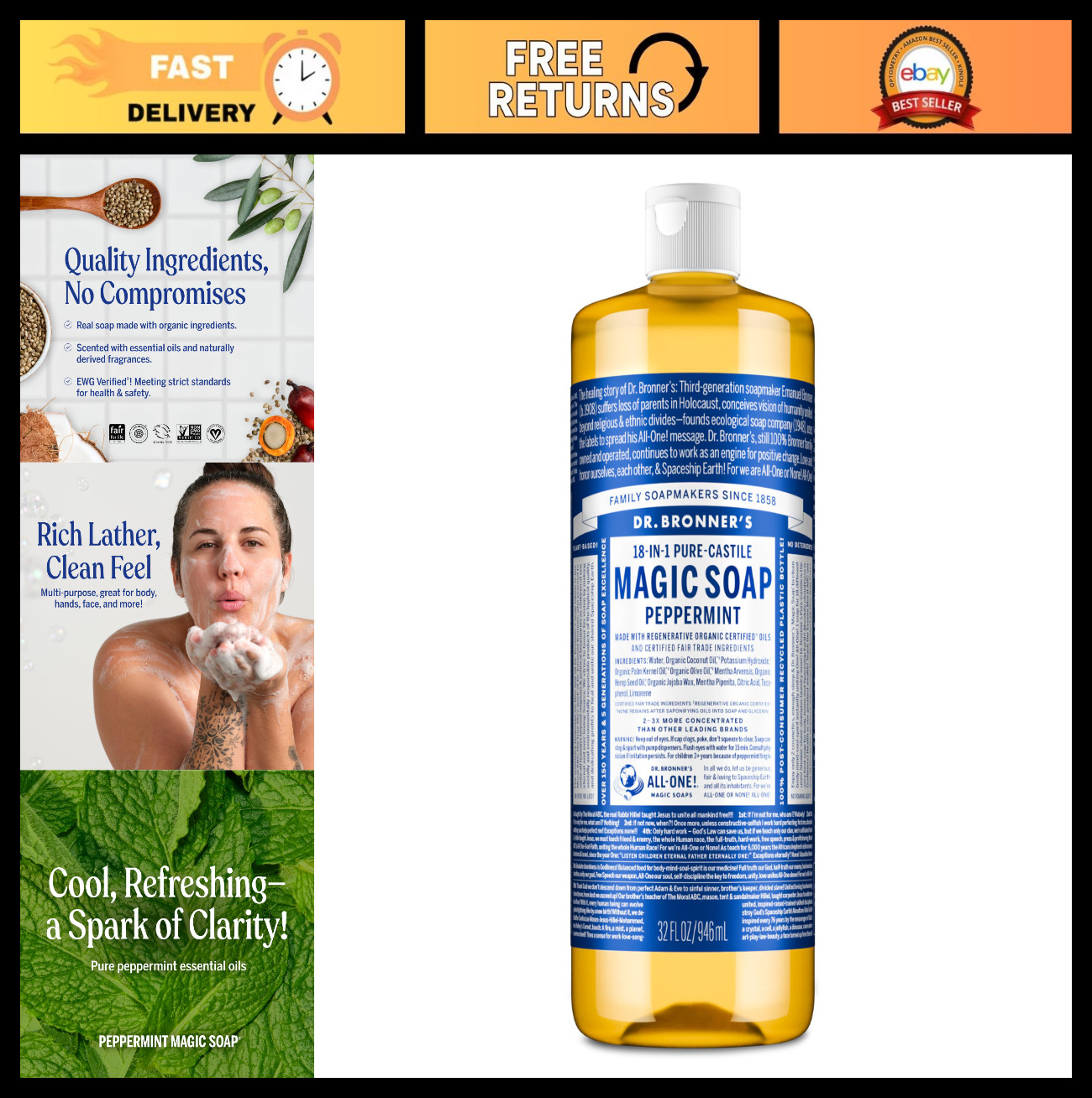 Pure-Castile Liquid Soap 32oz – 18-in-1 Uses, Vegan, Non-GMO, Peppermint Scent