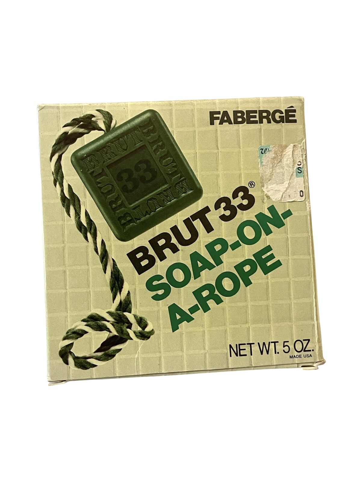 Vintage FABERGE BRUT 33 Soap On A Rope 5 Oz Retro Green Packaging 1980s