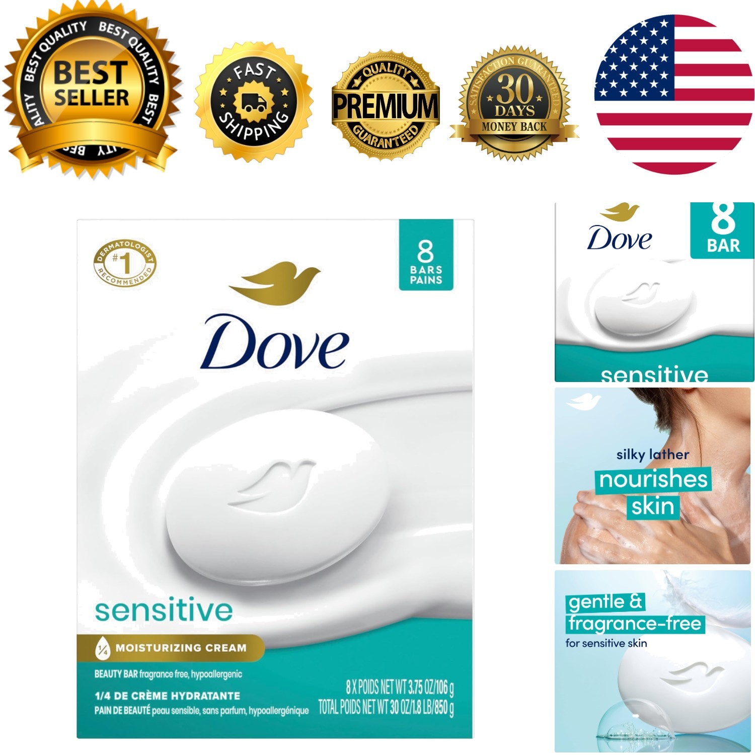 Fragrance-Free 8-Pack Beauty Bar Soap – Perfect for Sensitive Skin Care 3.75 oz