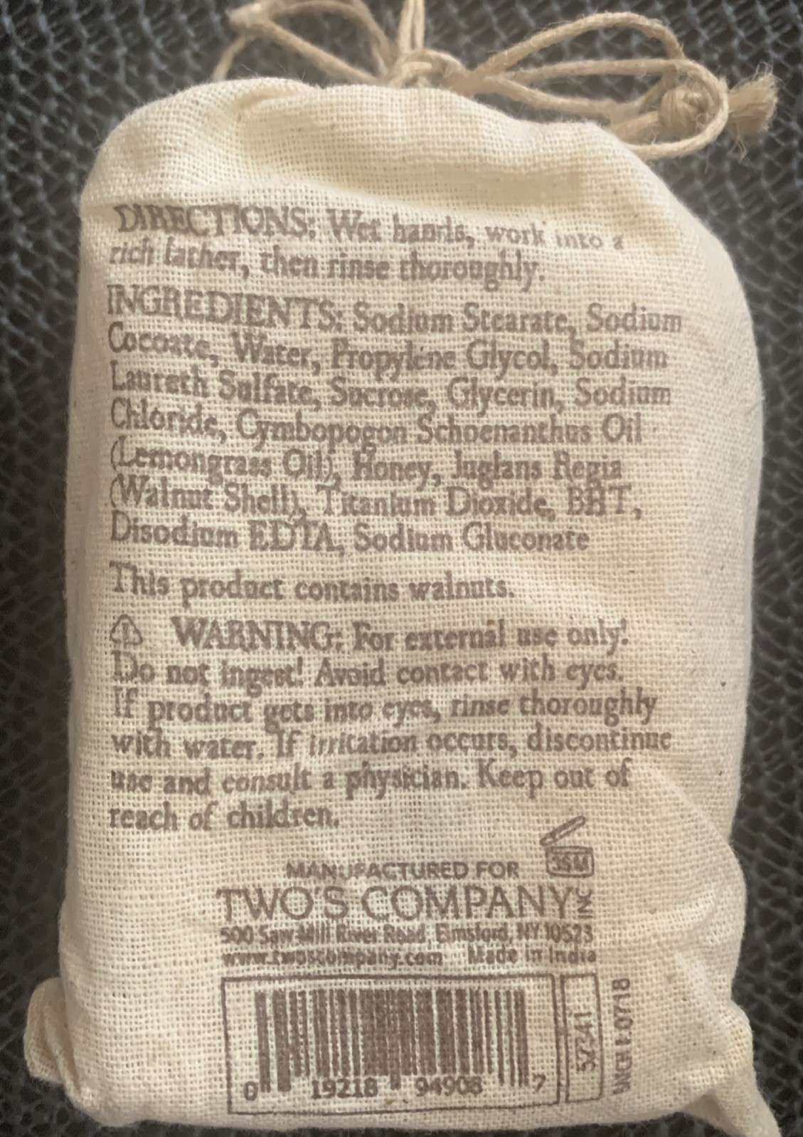 Two’s Company Lemongrass Handmade Bar Soap Essential Oils & Walnut 5.29 oz/150g