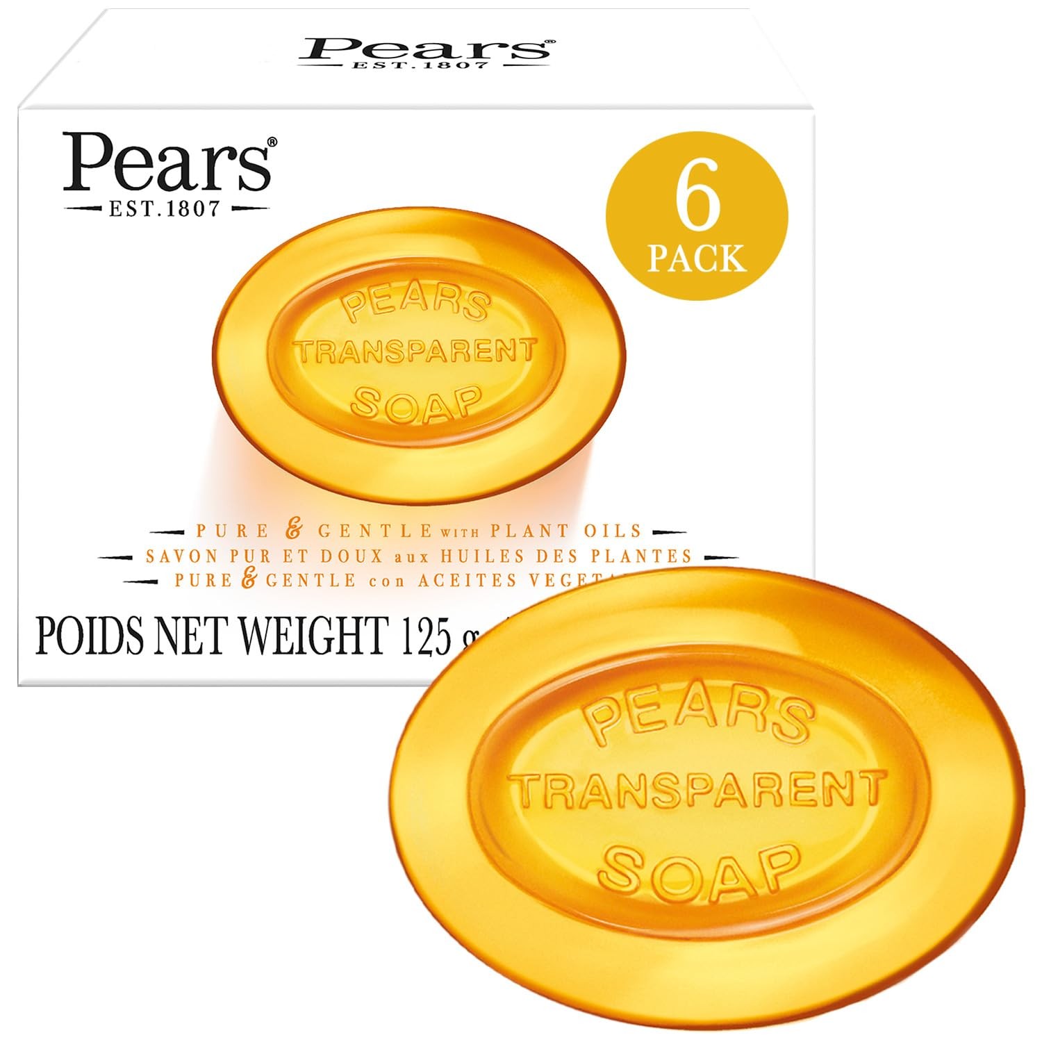 Soap, Pure & Gentle with Natural Oils, 6-Pack – Transparent Amber Glycerin So…