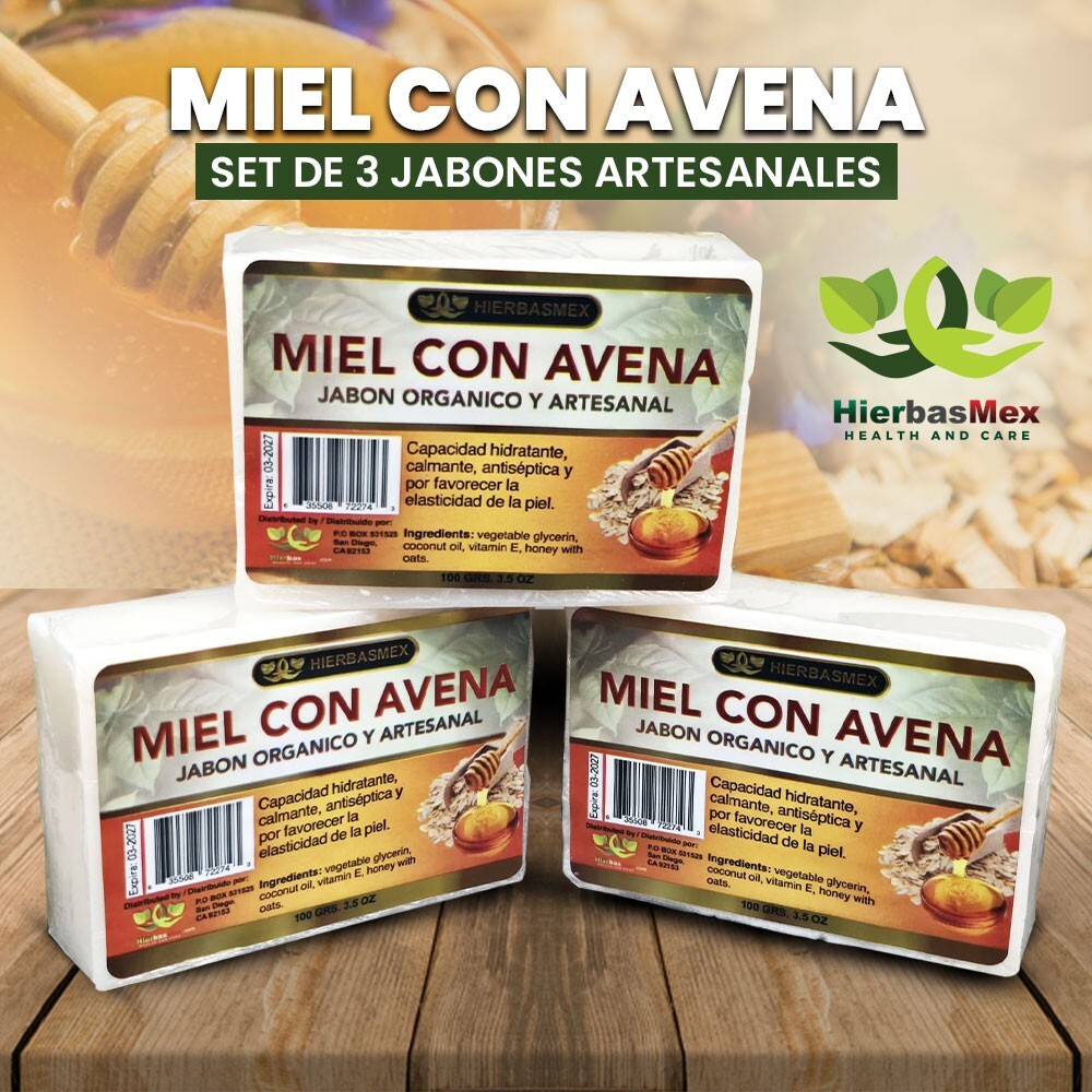 Miel con Avena Jabon Set 3 Jabones 100g. Honey with Oatmeal Soap HierbasMex