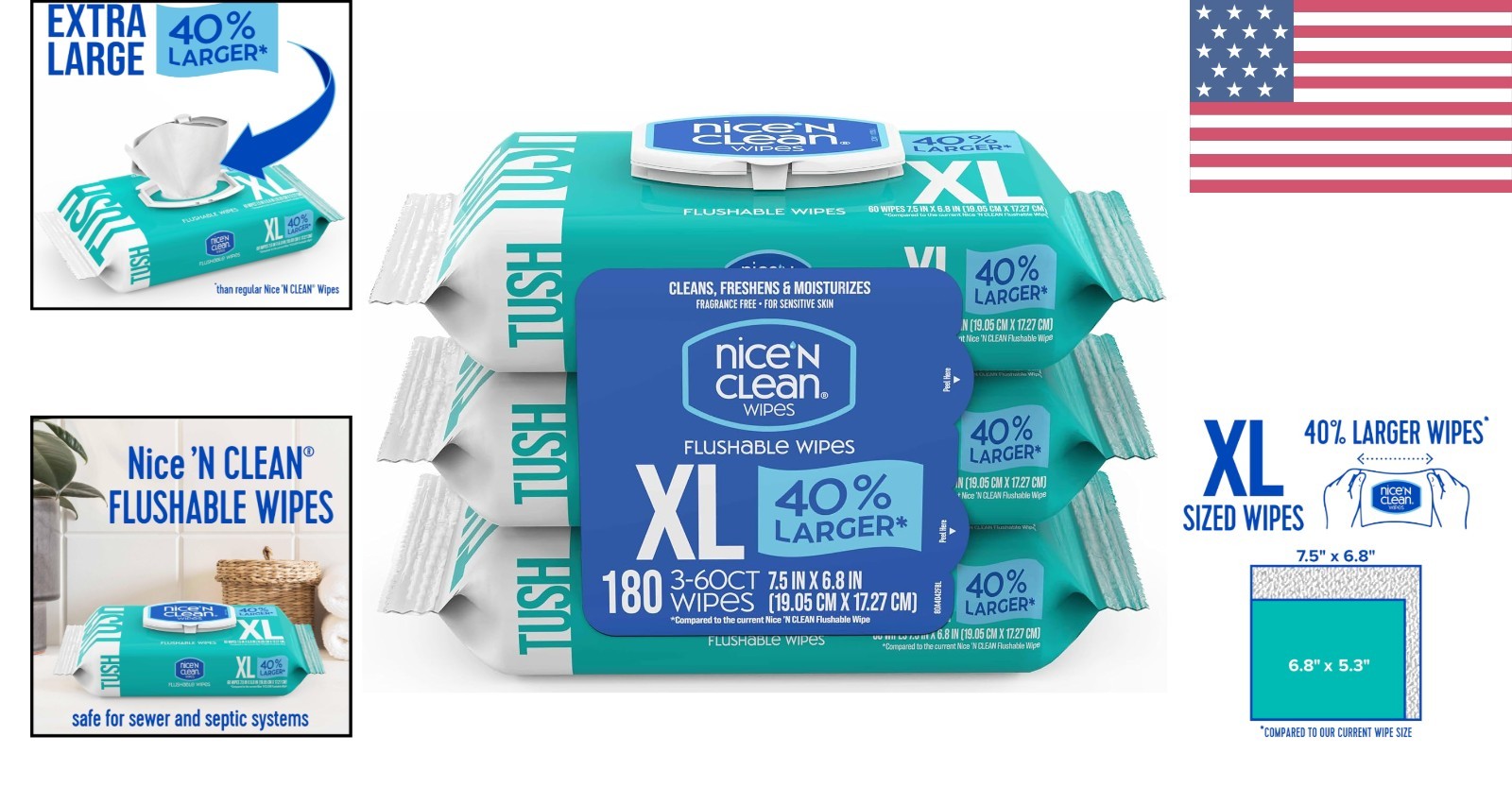 Extra Large Flushable Wipes – 40% Bigger, Unscented & Hypoallergenic 180 Count