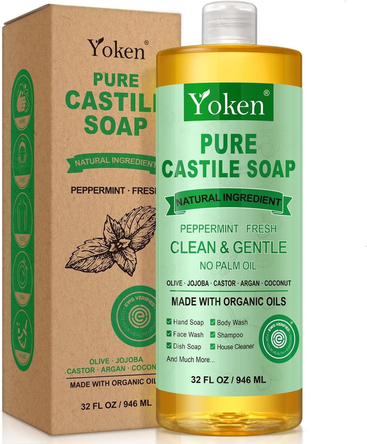 EWG Peppermint Castile Soap 32oz, with Oils Multi-Purpose Cleanser | Gentle