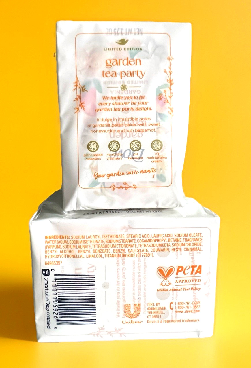 2x Dove GARDEN TEA PARTY Bar Soap – 4PK – HONEYSUCKLE GARDENIA Scent – 8 Bars