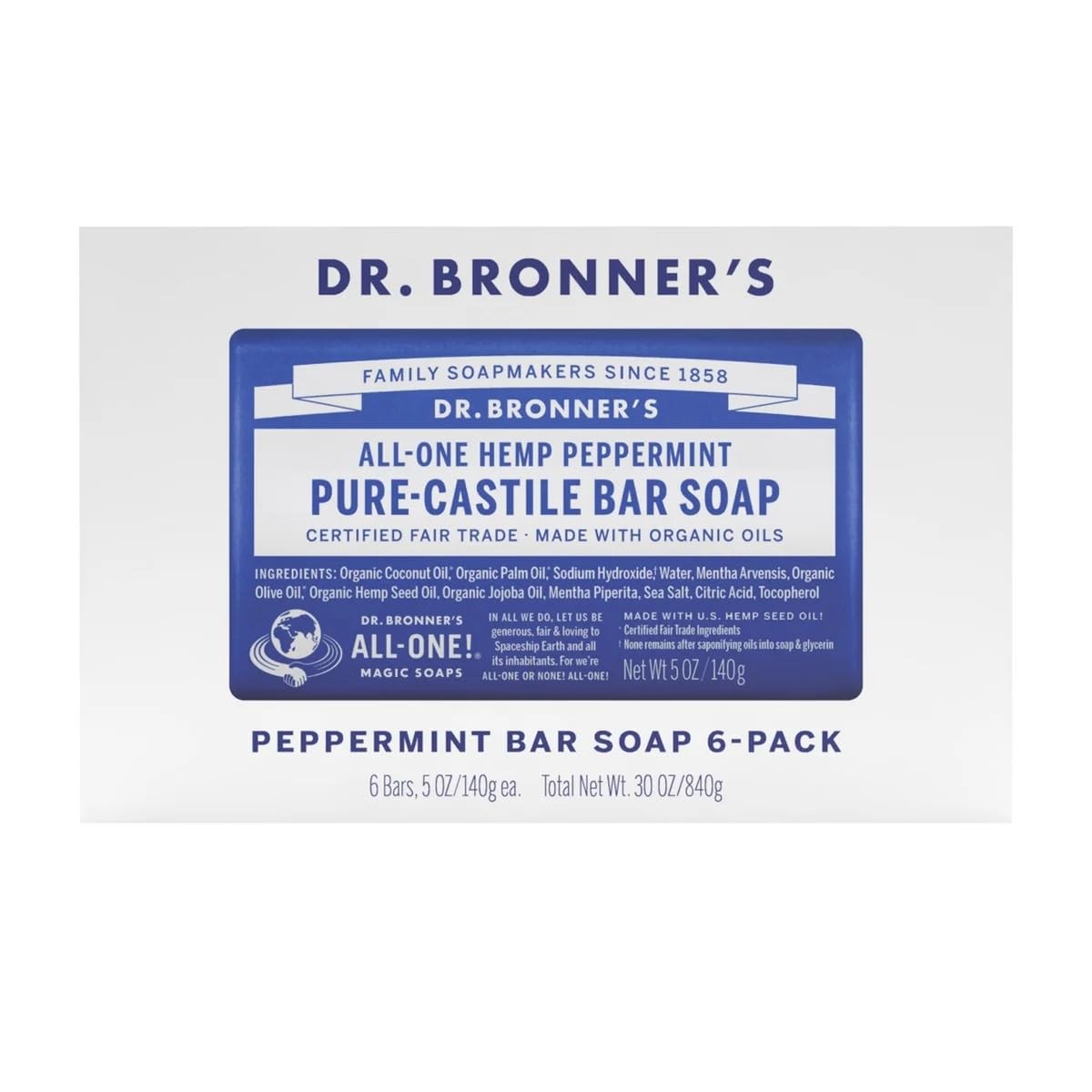 Dr Bronner’s Pure Castille Peppermint Bar Soap, 5 Ounce (Pack of 6)