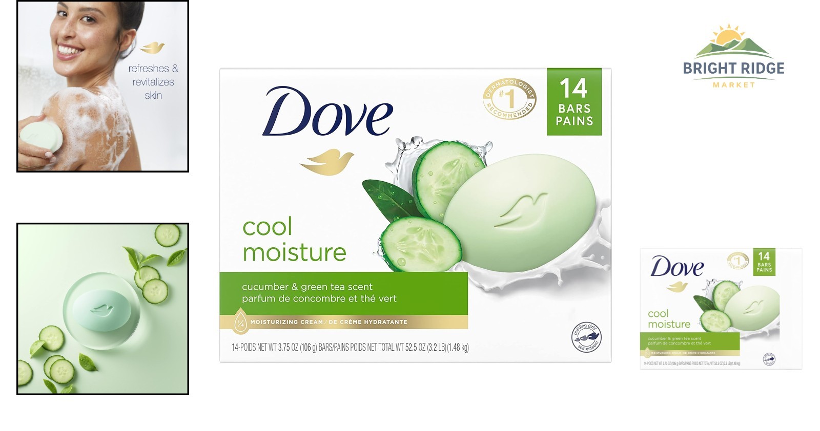 Cucumber & Green Tea Moisturizing Bar Soap for Sensitive Dry Skin – 14 Count