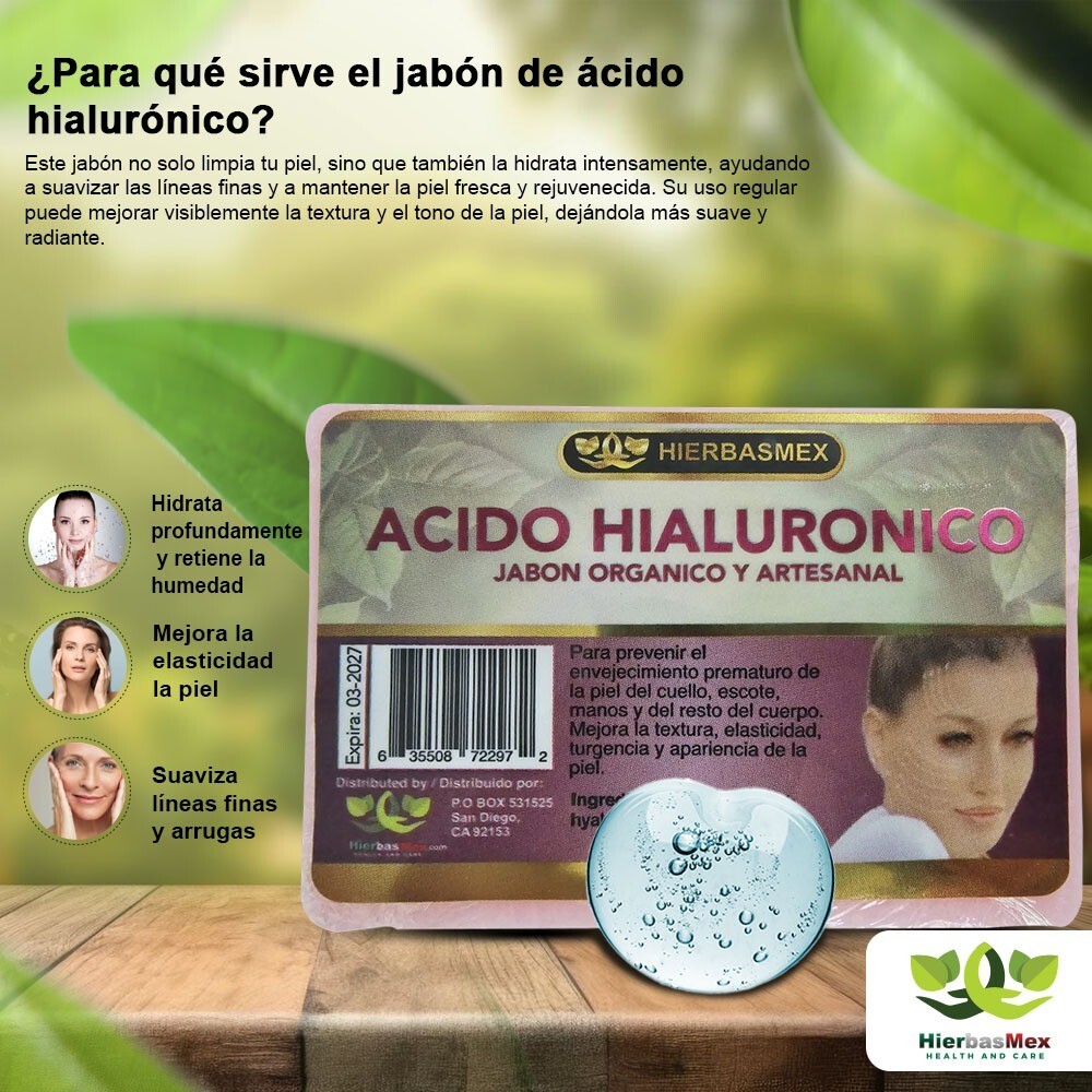 Acido Hialuronico Jabon Herbal Set de 3 Jabones 100g Hialuronic Soap HierbasMex