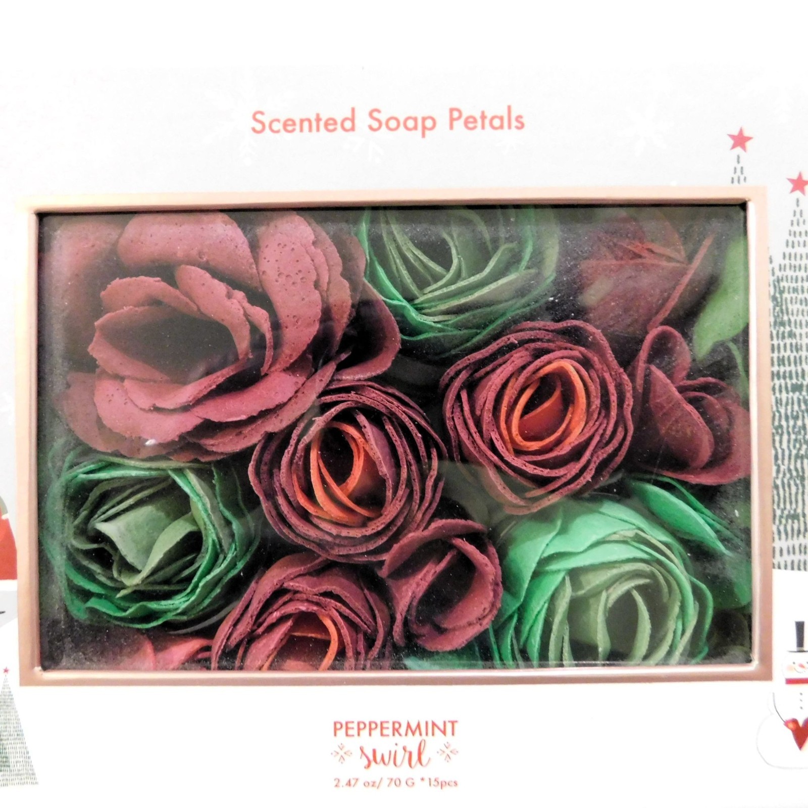 Scented Rose Soap Petals Set Peppermint Swirl Holiday-Themed Sealed Box