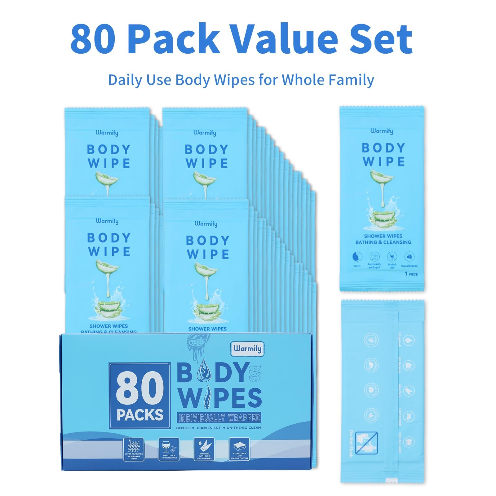 80 Pcs Body Wipes Individually Wrapped (9.29″ x 8″), Large Shower Wipes for A…