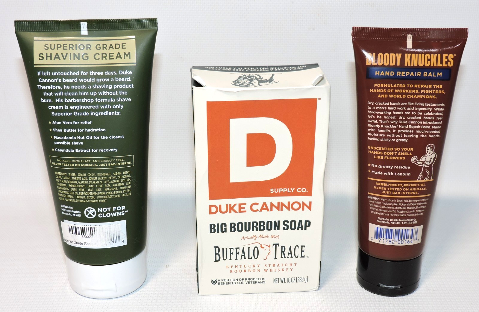 LOT 3 Duke Cannon: Shaving Cream, Big Bourbon Soap & Bloody Knuckles Hand Repair