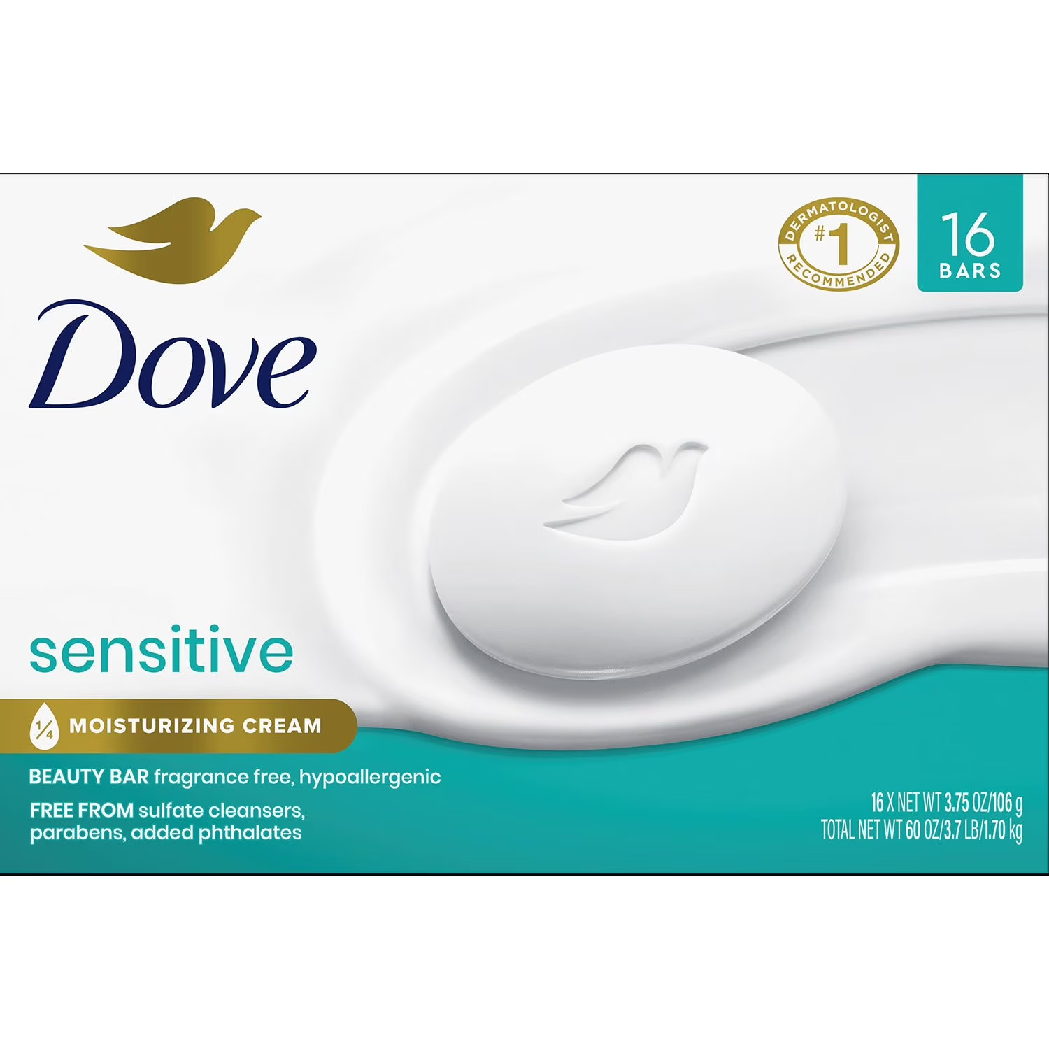 Dove Beauty Bar Sensitive 1/4 Moisturizing Cream Soap 3.75 oz, 16 Bars