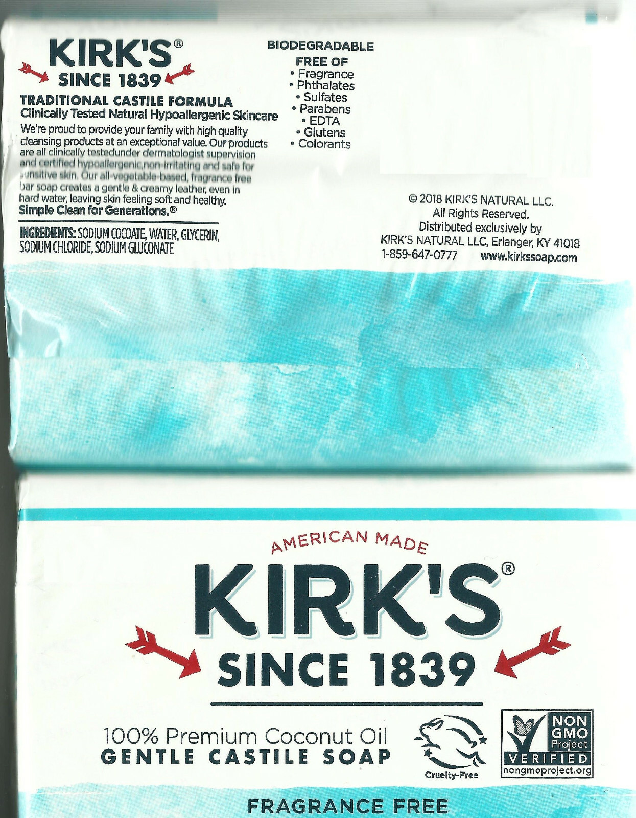6 Bars Kirk’s fragrance free gentle 100% CocOnut CASTILE BAR SOAP 4oz Coco KIRKS