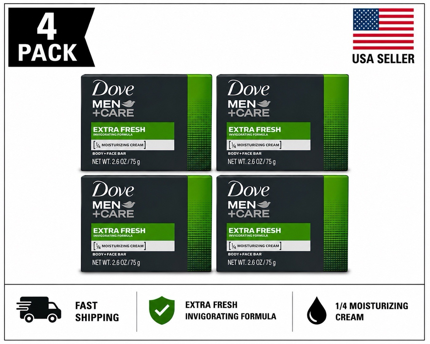 Dove Men+Care Extra Fresh Body Face Bar Soap 2.6 oz (75g) NEW Pack of 4