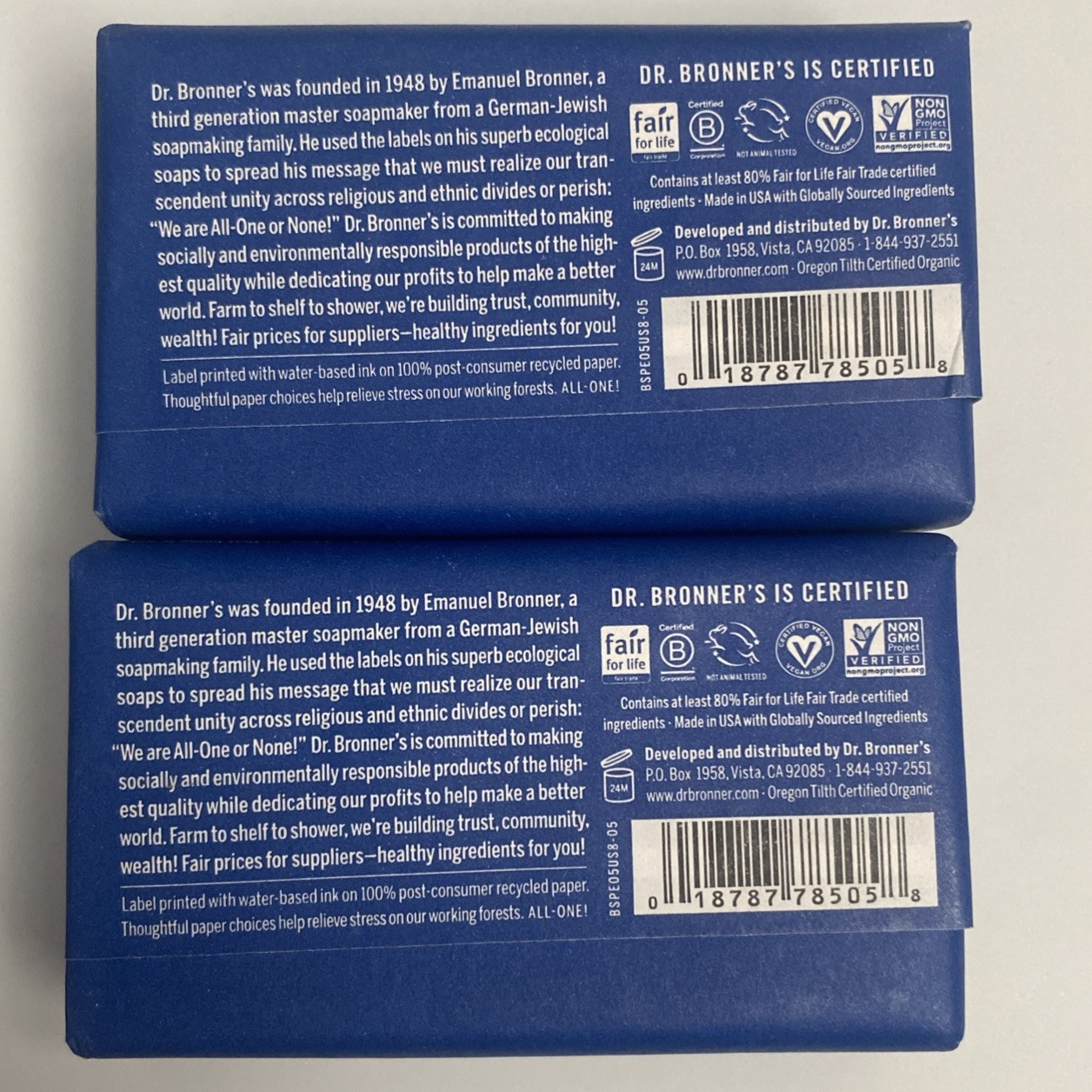 DR.BRONNER’S ALL-ONE HEMP Peppermint Pure-Castile BAR Soap Fair Trade * 2 BARS*