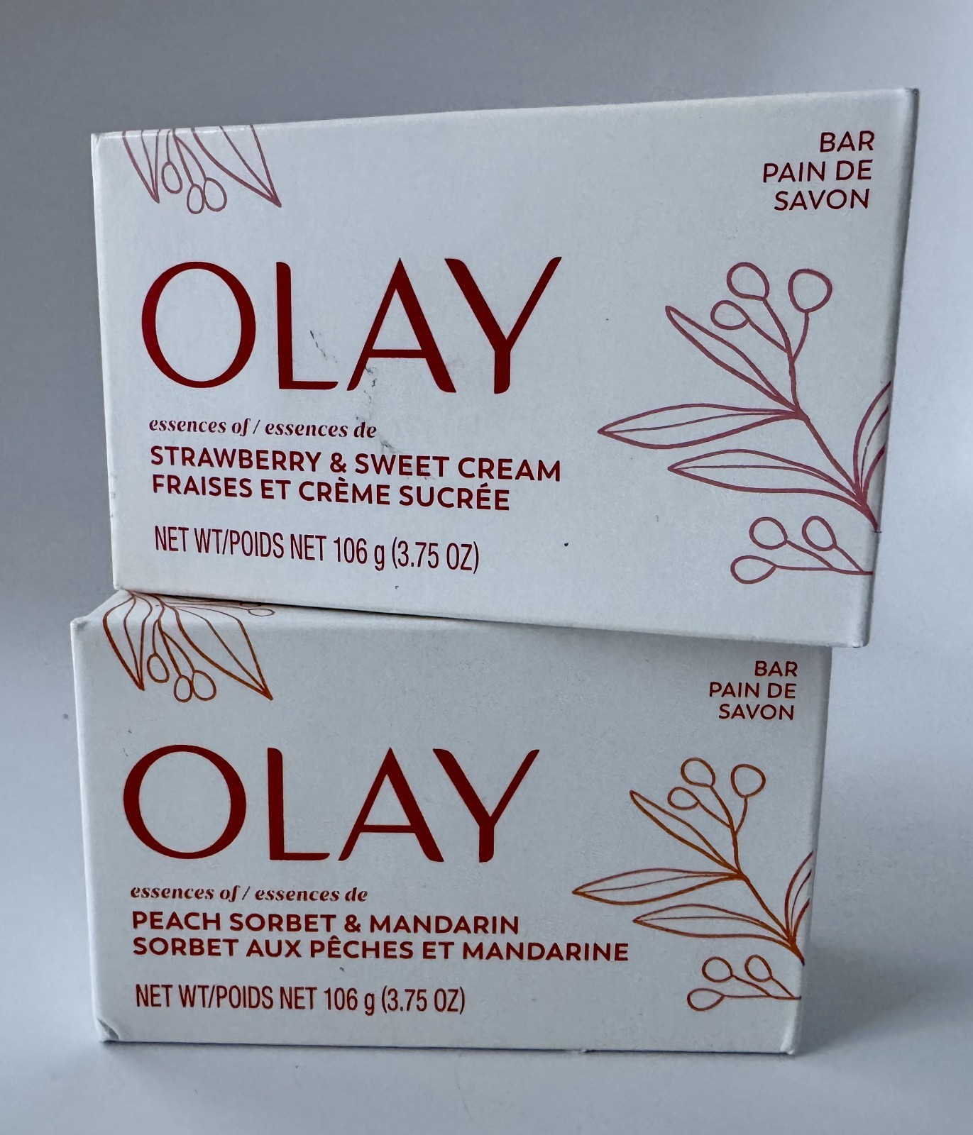 2 Olay Bar Soap Essences Of Strawberry & Sweet Cream / Peach Sorbet & Manderin