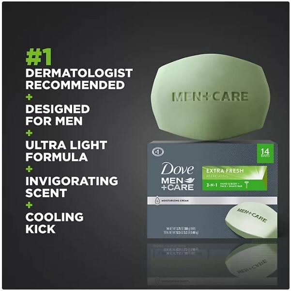 Dove Men+Care Body and Face Bar Soap, Extra Fresh, 3.75 oz., 14 ct.
