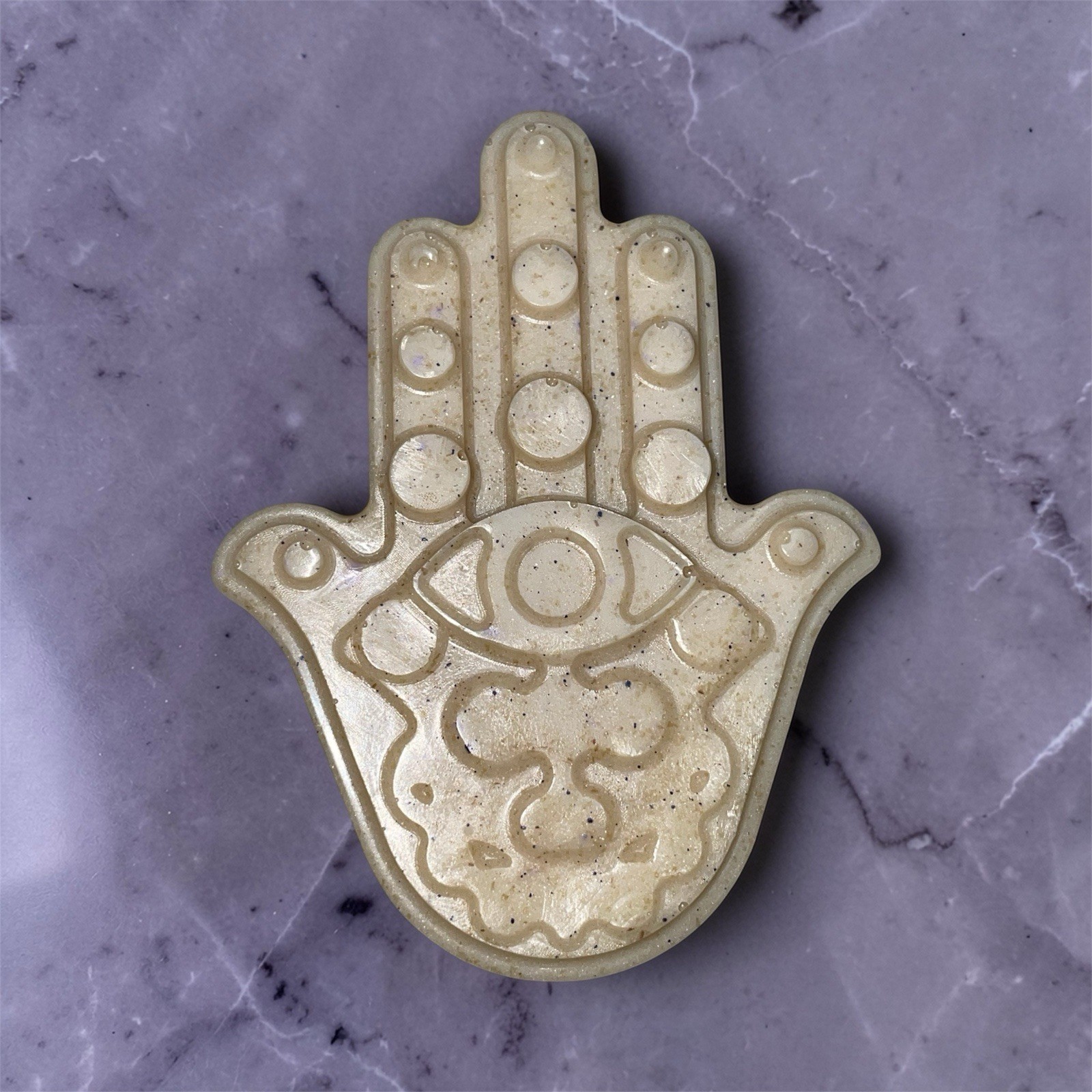 Set Of 2 Evil Eye Hamsa Hand All Natural Oatmeal Soap w/ Purple Flake, Patchouli