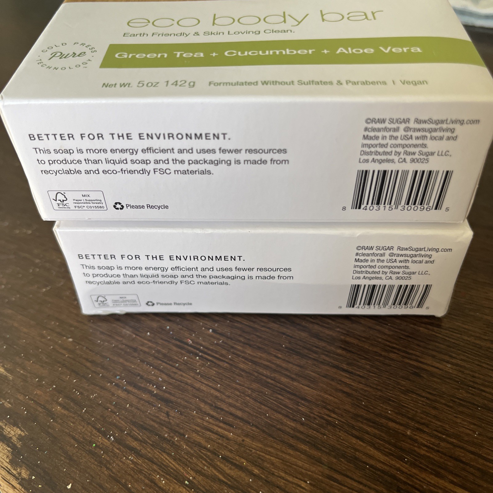 LOT OF 2 RAW SUGAR Eco Body Bar Green Tea, Cucumber & Aloe Vera, 5 oz. ea.,NEW