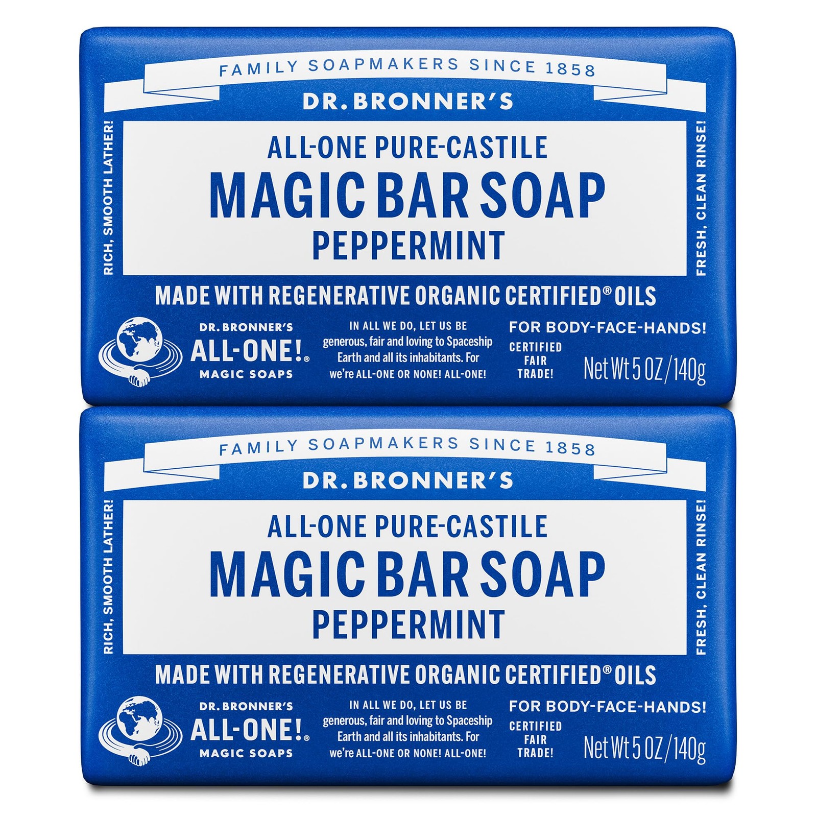 Dr Bronner’s Pure Castile Magic Bar Soap 5oz Pack of 2 Organic Gentle Clean