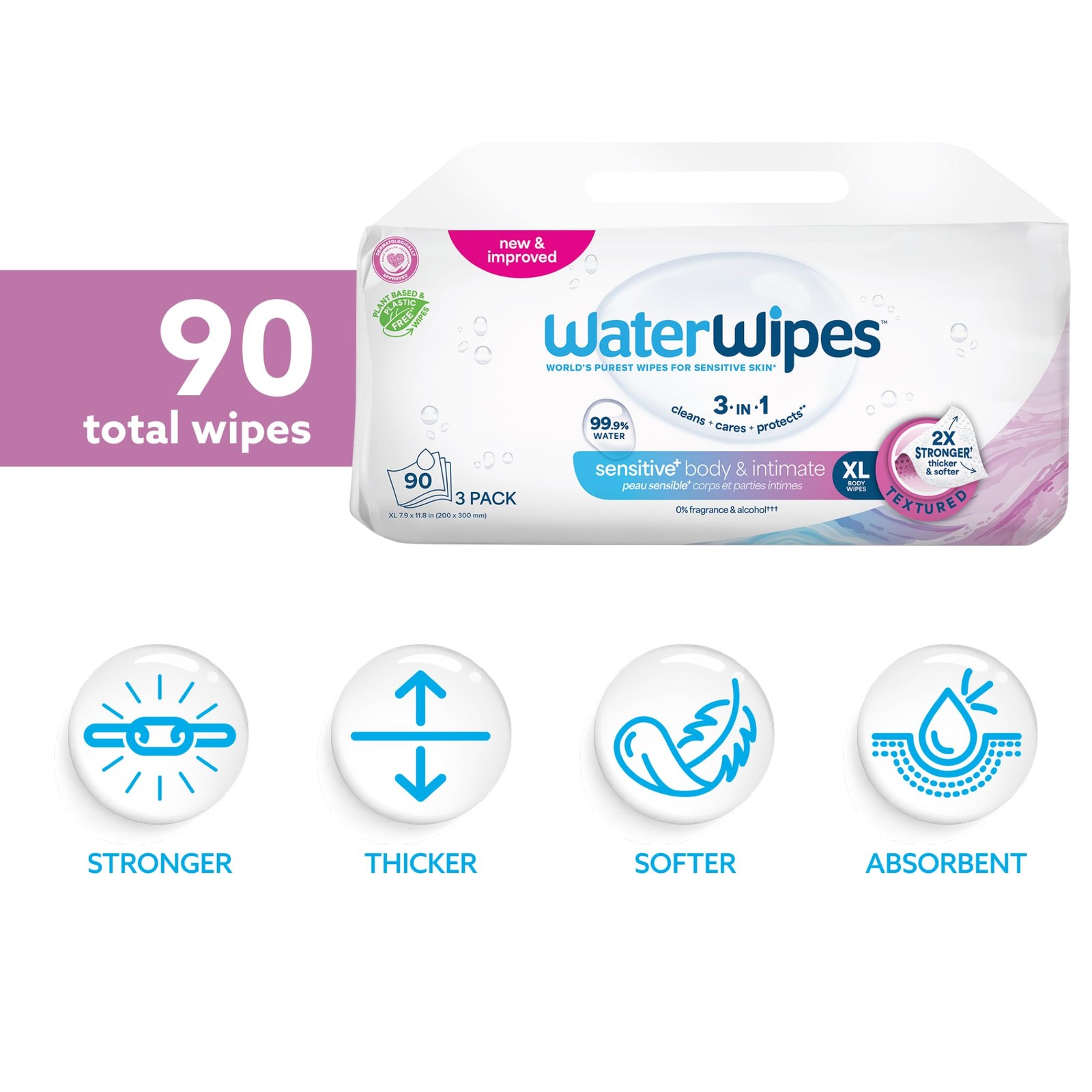 3 Pack WaterWipes for Adults 90 Sensitive XL Wipes 99.9% Water