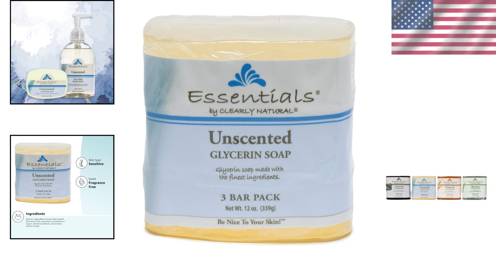 Essentials 4oz Unscented Glycerin Bars, Pack of 3 – Perfect for Sensitive Skin