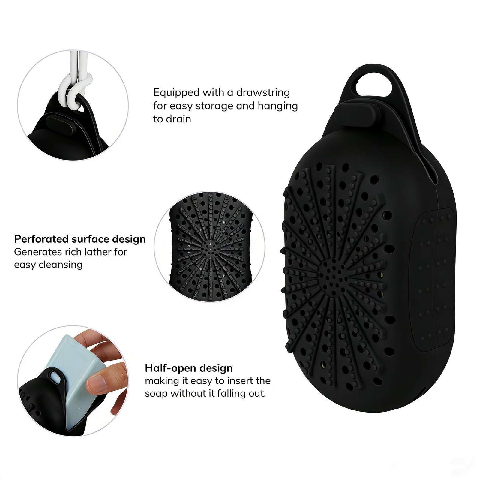 Silicone Soap Saver Bag for Men, Dual-Sided 1 Count (Pack of 1), Black