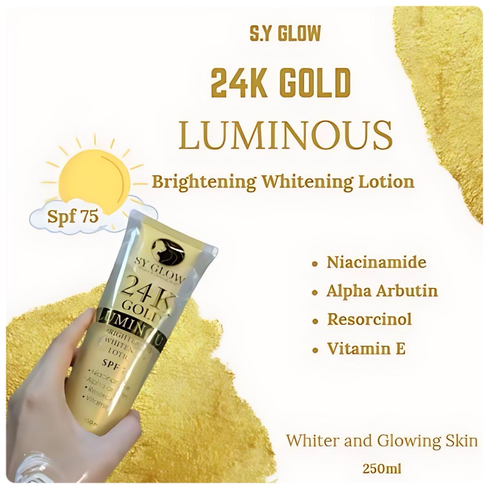 SY GLOW 24K Gold Luminous Whitening & Brightening Soap + Lotion SPF75