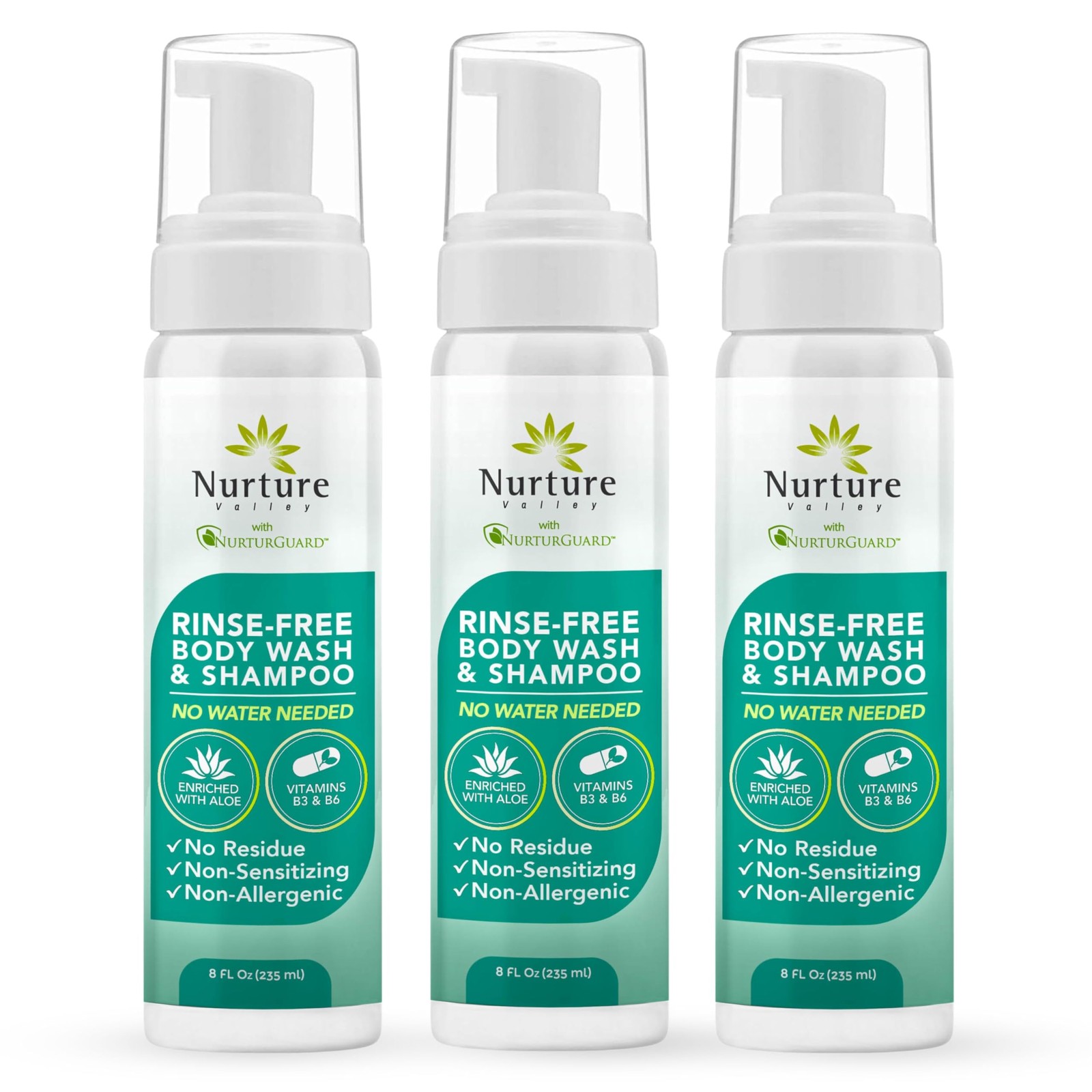 Nurture Rinse Free Body Wash & Shampoo with Aloe | 8.5 Fl Oz (Pack of 3)
