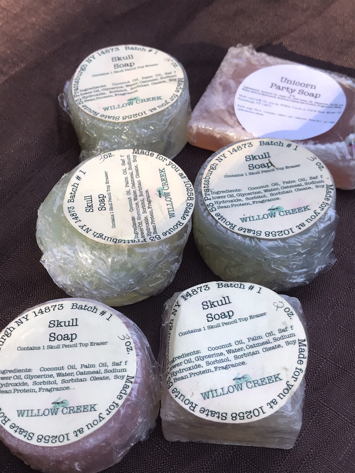 6 Coconut Oil Bar Soap Willow Creek 17 oz total Glycerin Palm Skull Halloween NY