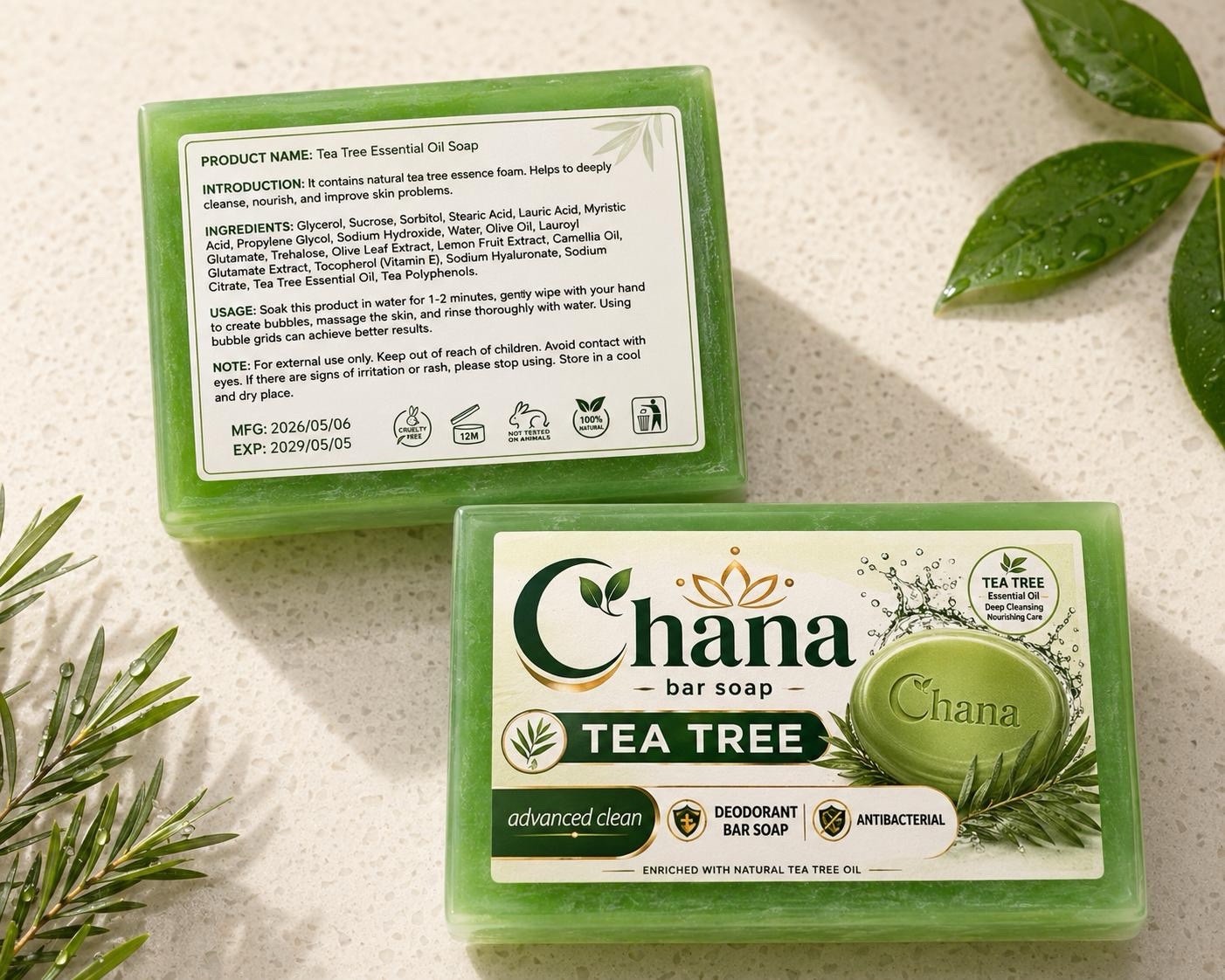 Chana Tea Tree Antibacterial Deodorant Bar Soap for Body & Hands