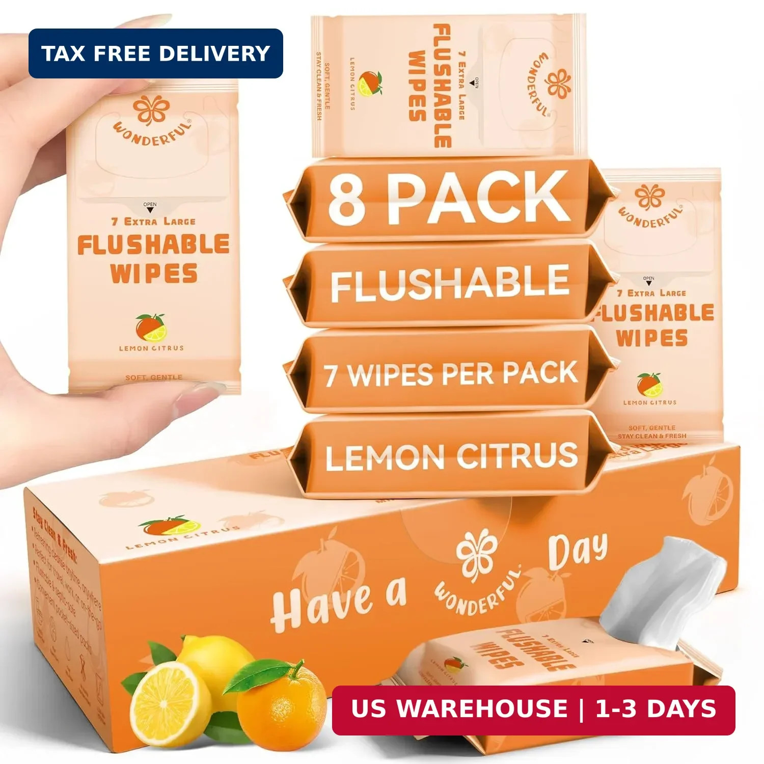 WONDERFUL Travel Flushable Wipes, 8 Mini Packs, Lemon Citrus Plant-Based Wet Wip