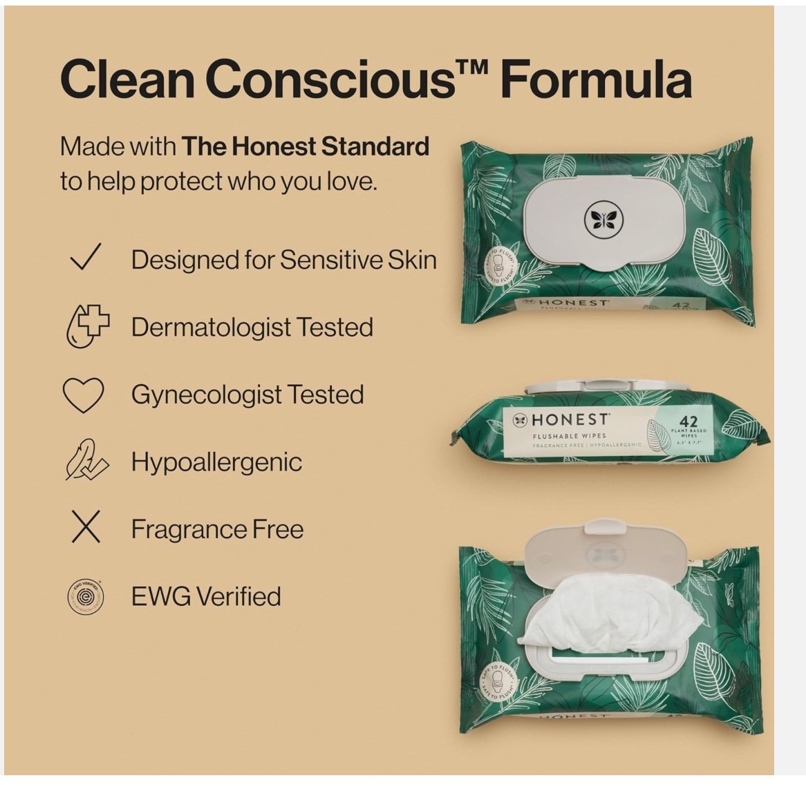 The Honest Company Flushable Wipes for 42 Count (Pack of 8), Tropical Leaves