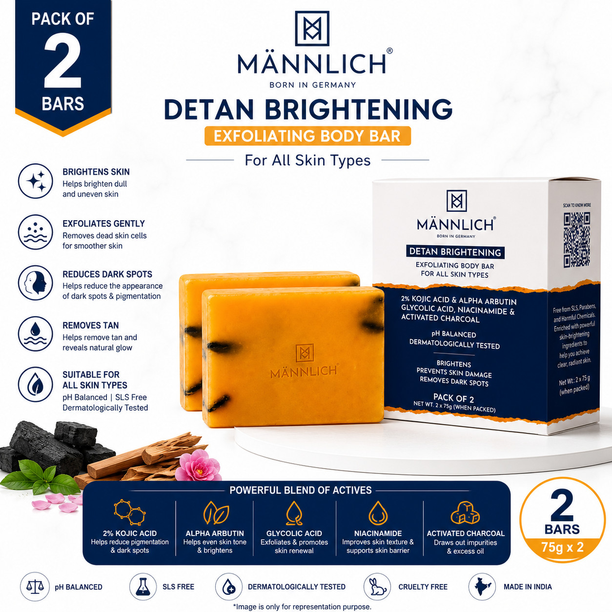 Mannlich Kojic Acid 2% Soap Pack 2 75g Arbutin Glycolic Niacinamide Bars FS