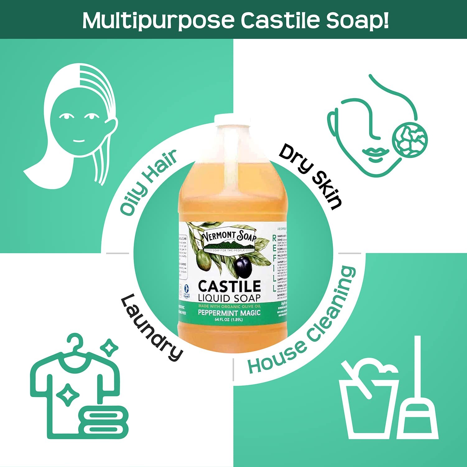 Vermont Castile Soap Peppermint, Gentle Liquid for 64 Fl Oz (Pack of 1)