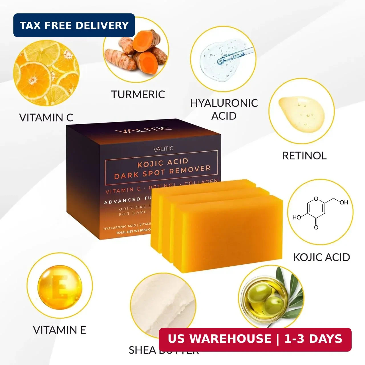 VALITIC Kojic Acid Dark Spot Remover Soap Bars with Vitamin C, Retinol, Collagen