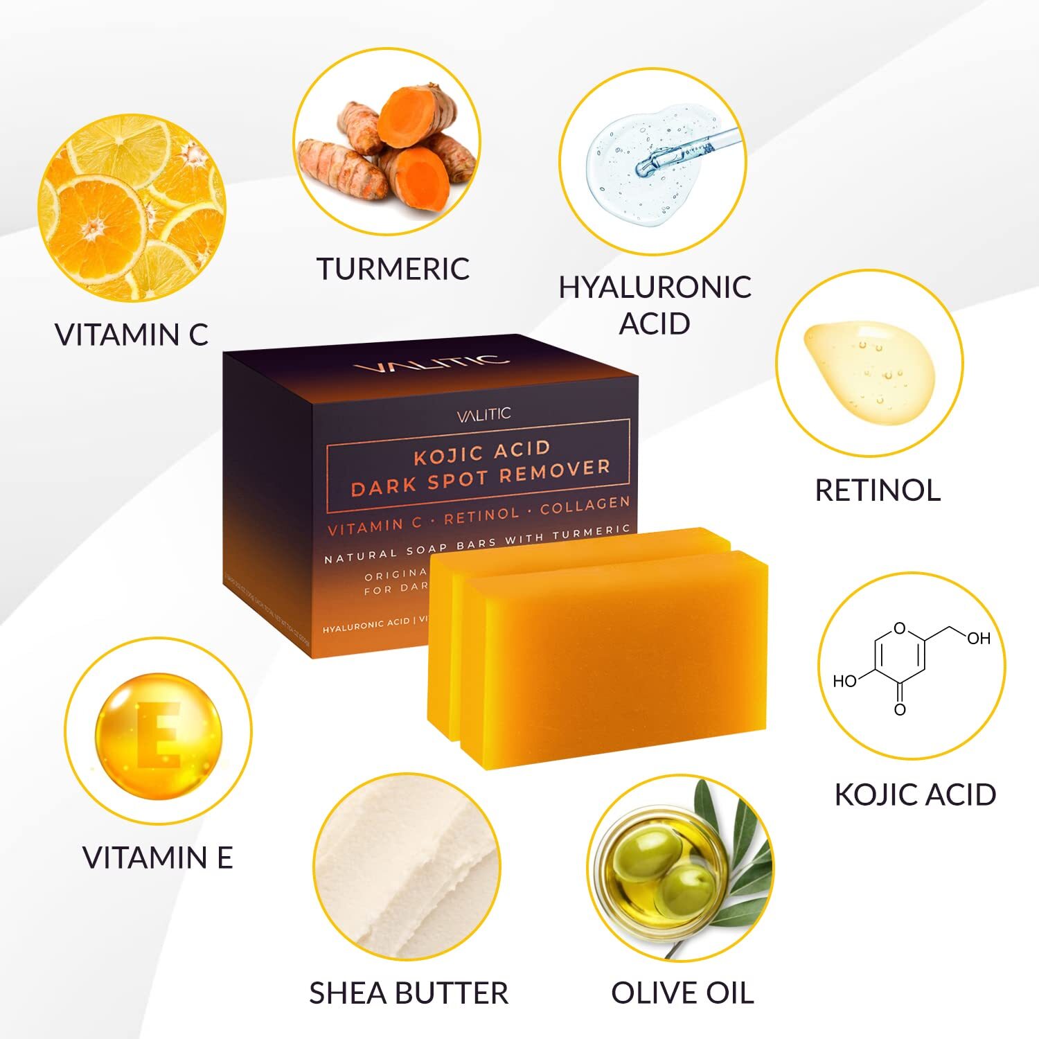 Kojic Acid Dark Spot Remover Soap Bars w/ Vitamin C, Retinol, Collagen(2 Pack)