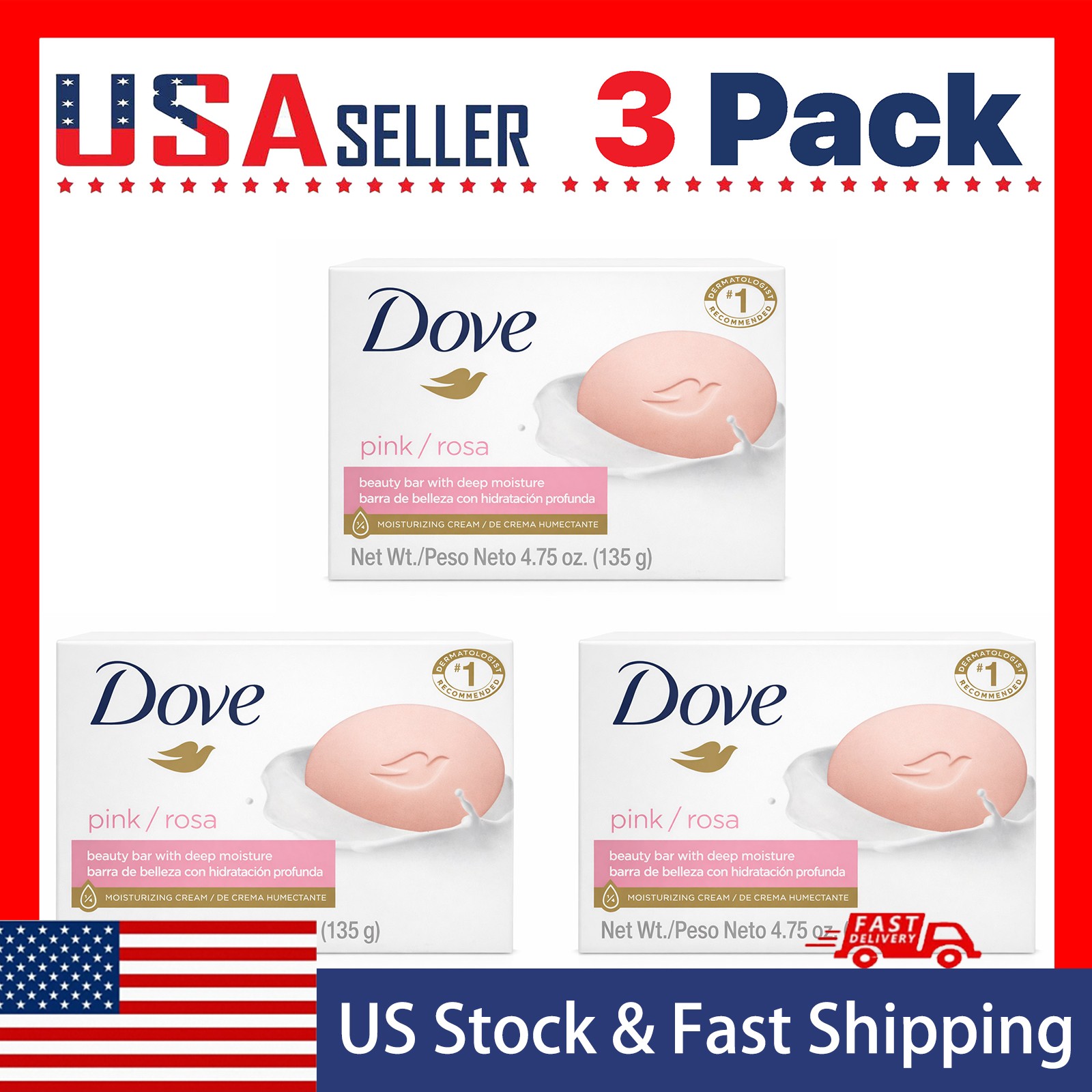 Dove Beauty Bar Pink Rosa 3-Pack,3-in-1 Moisturizing Face Body Hand Soap 4.75 Oz