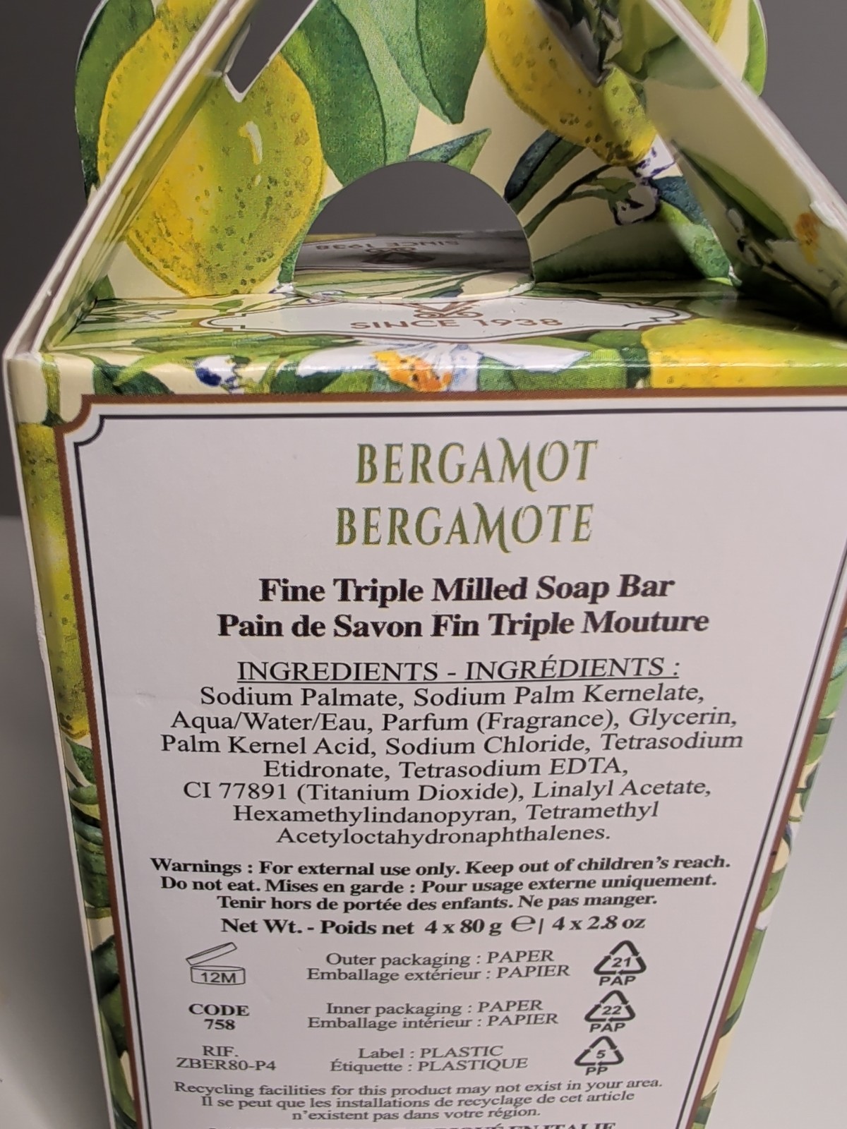 Diamante Bergamot Triple Milled Soap Set 4×80g=320g/11.2oz Made in Italy- New