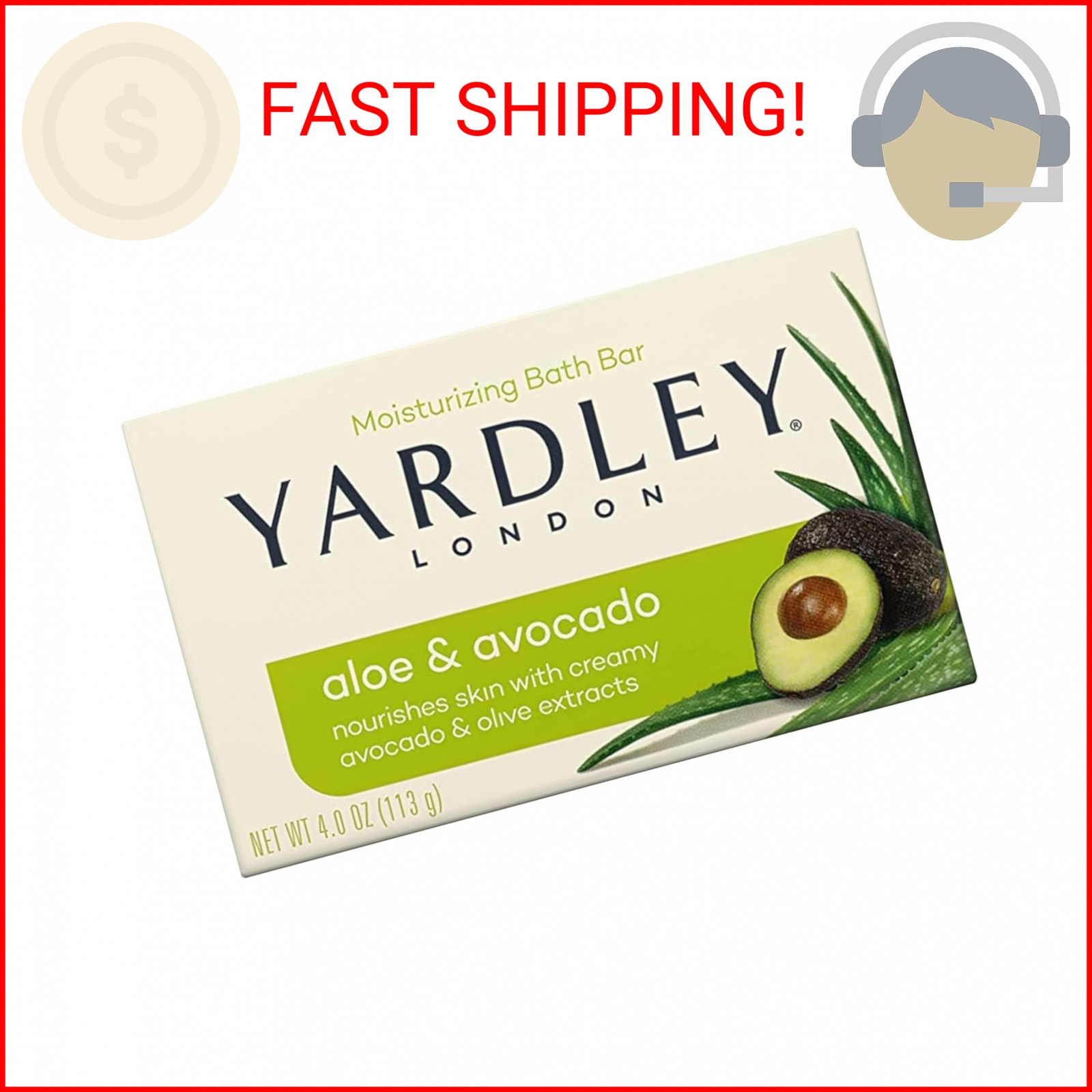 Yardley London Aloe and Avocado Naturally Moisturizing Bath Bar 4.0 oz (Pack of