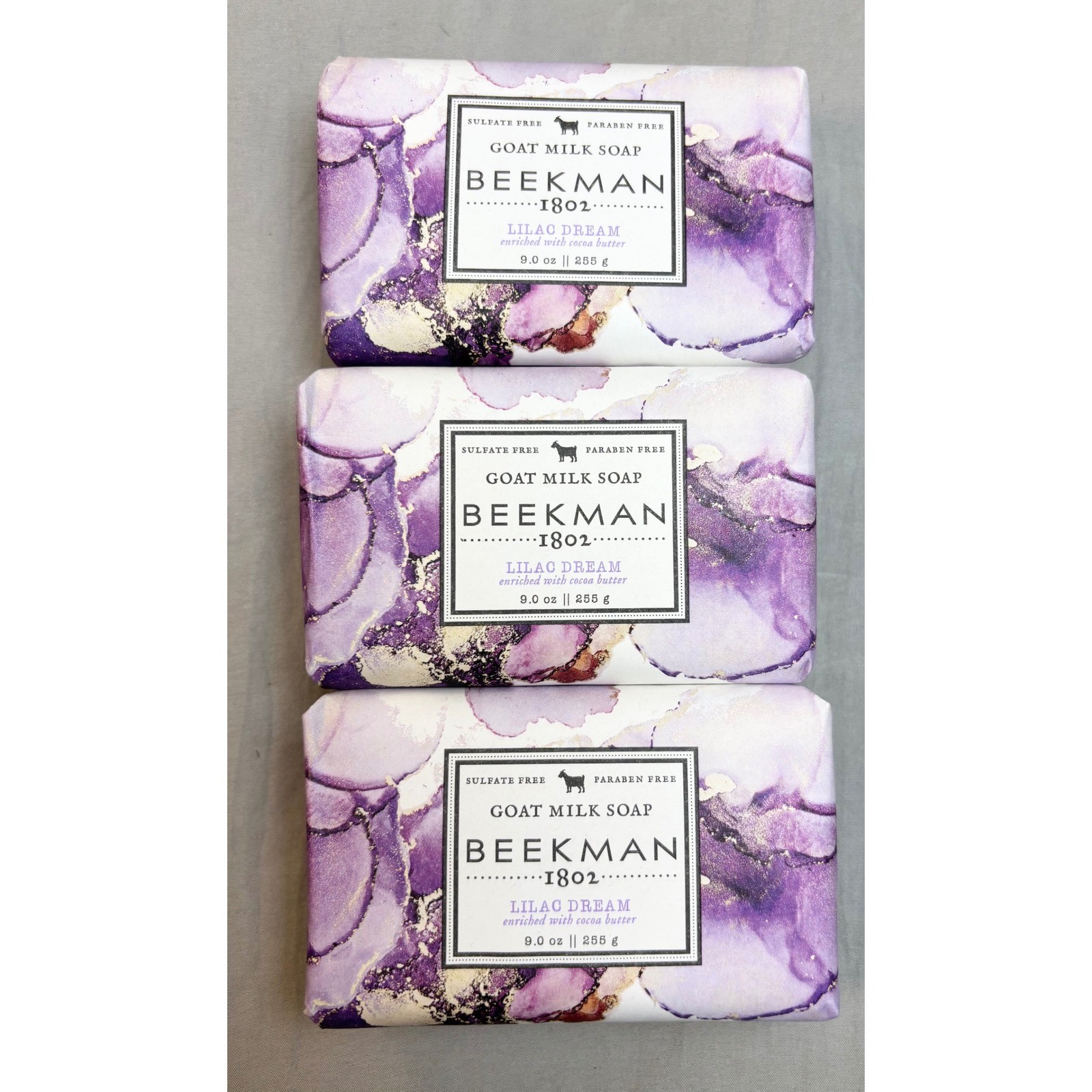 Beekman 1802 Lilac Dream Goat Milk Soap 3 Bars Set 9oz Each Cocoa Butter New