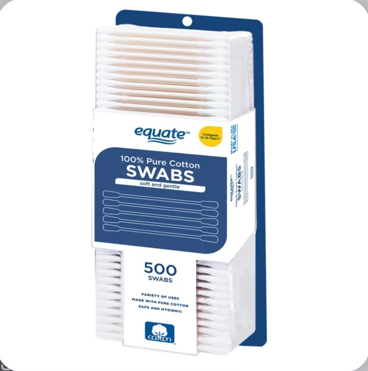Equate Cotton Swabs 500 Count 100% Pure Cotton Firm Paper Stick Safe Soft